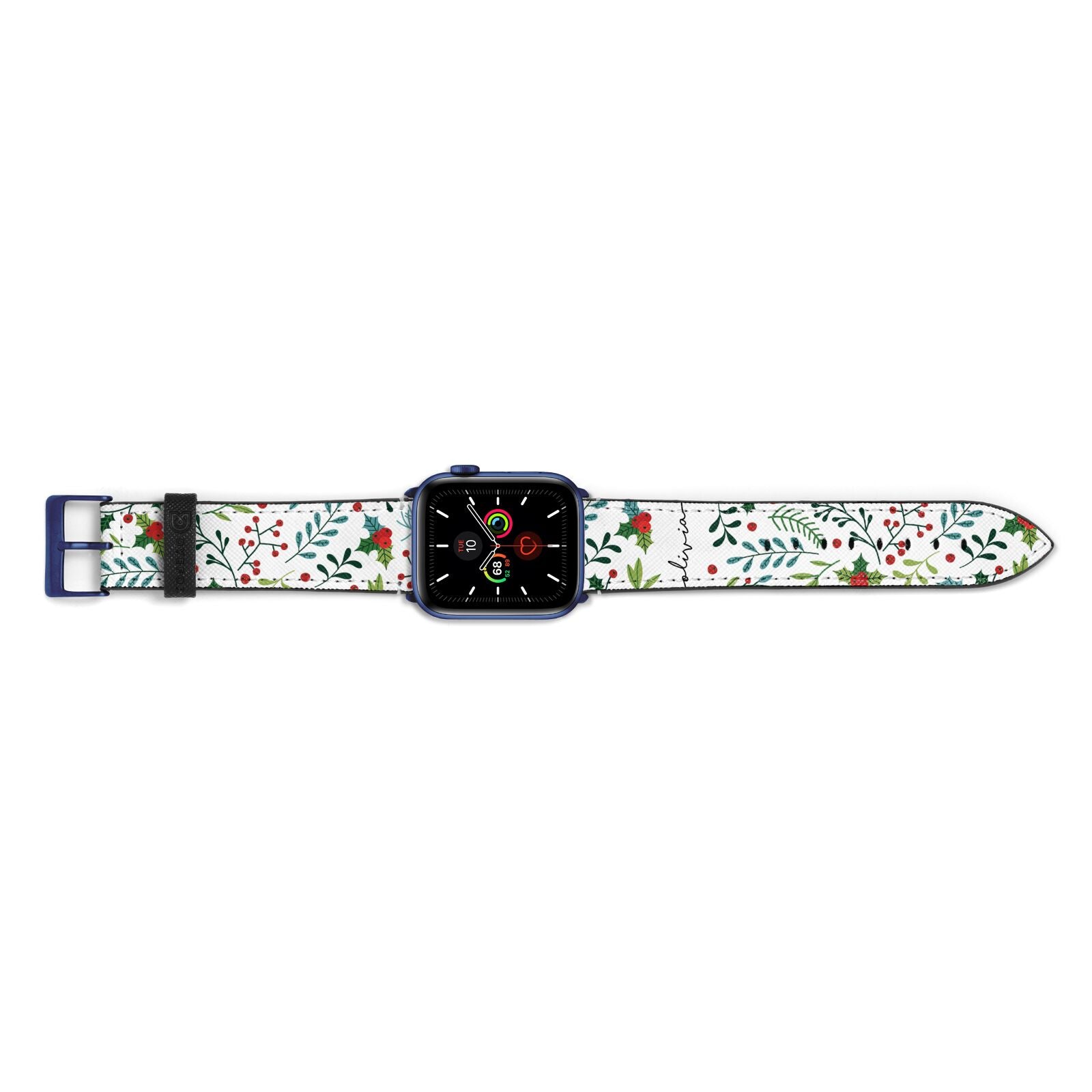 Personalised Winter Floral Apple Watch Strap Landscape Image Blue Hardware