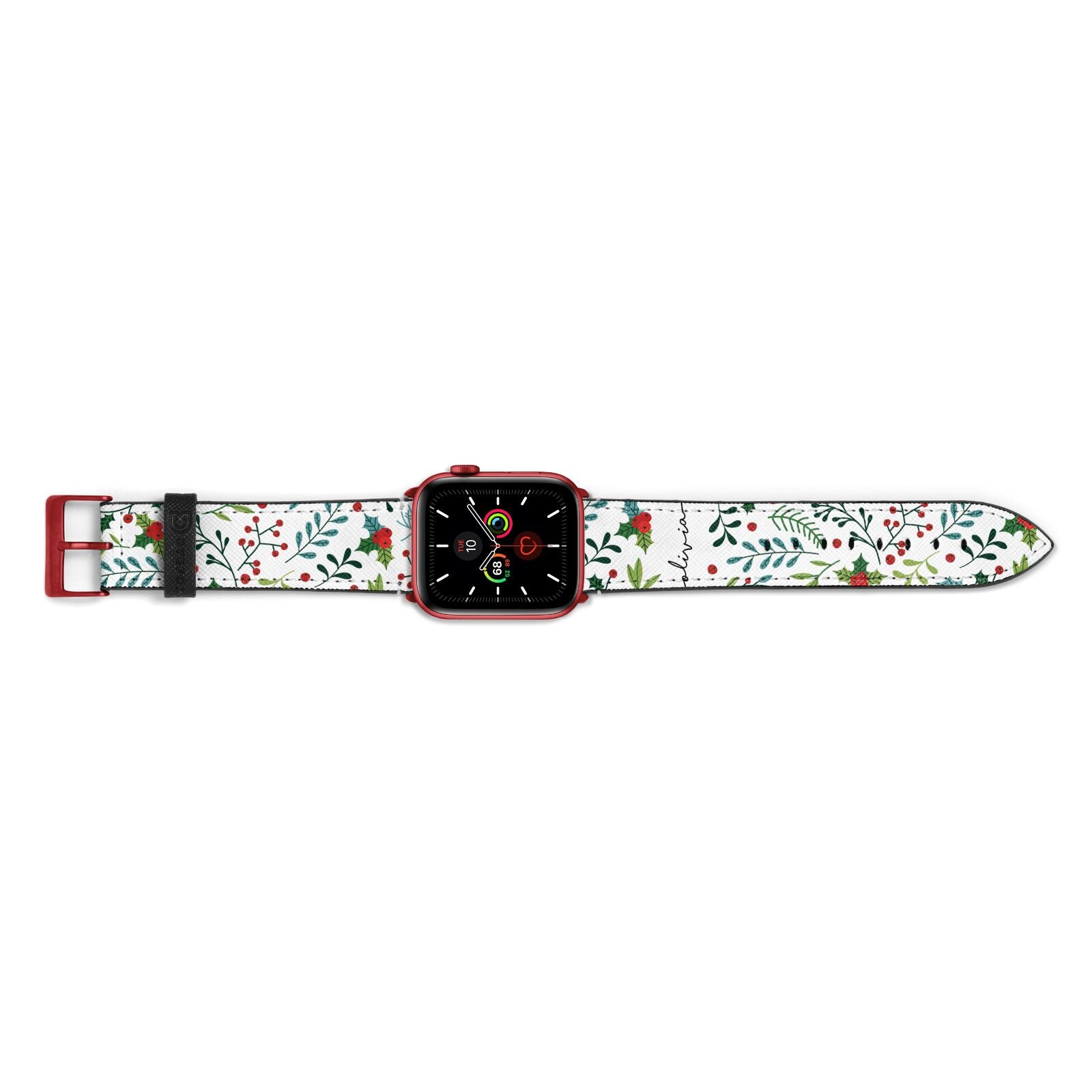 Personalised Winter Floral Apple Watch Strap Landscape Image Red Hardware