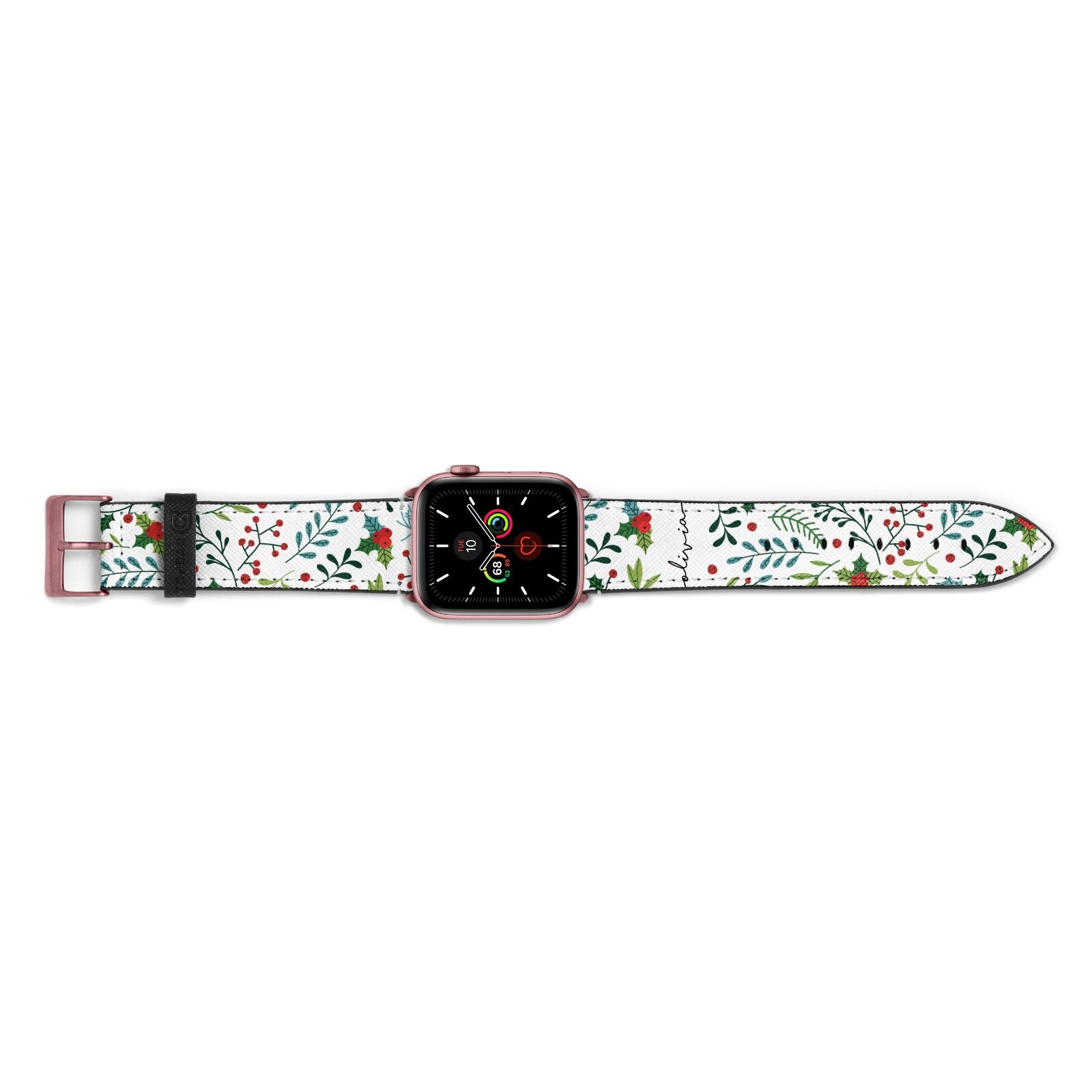 Personalised Winter Floral Apple Watch Strap Landscape Image Rose Gold Hardware