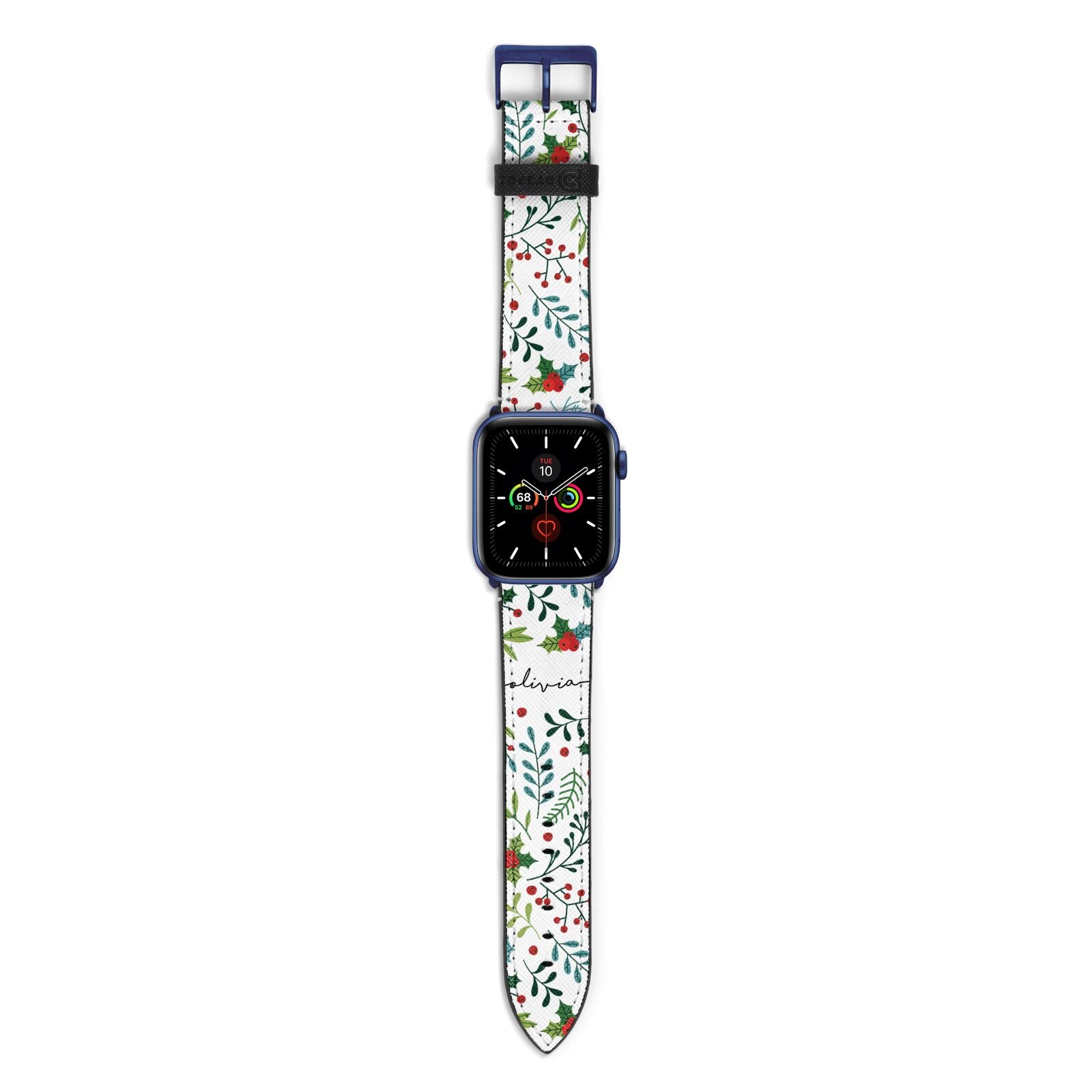 Personalised Winter Floral Apple Watch Strap with Blue Hardware