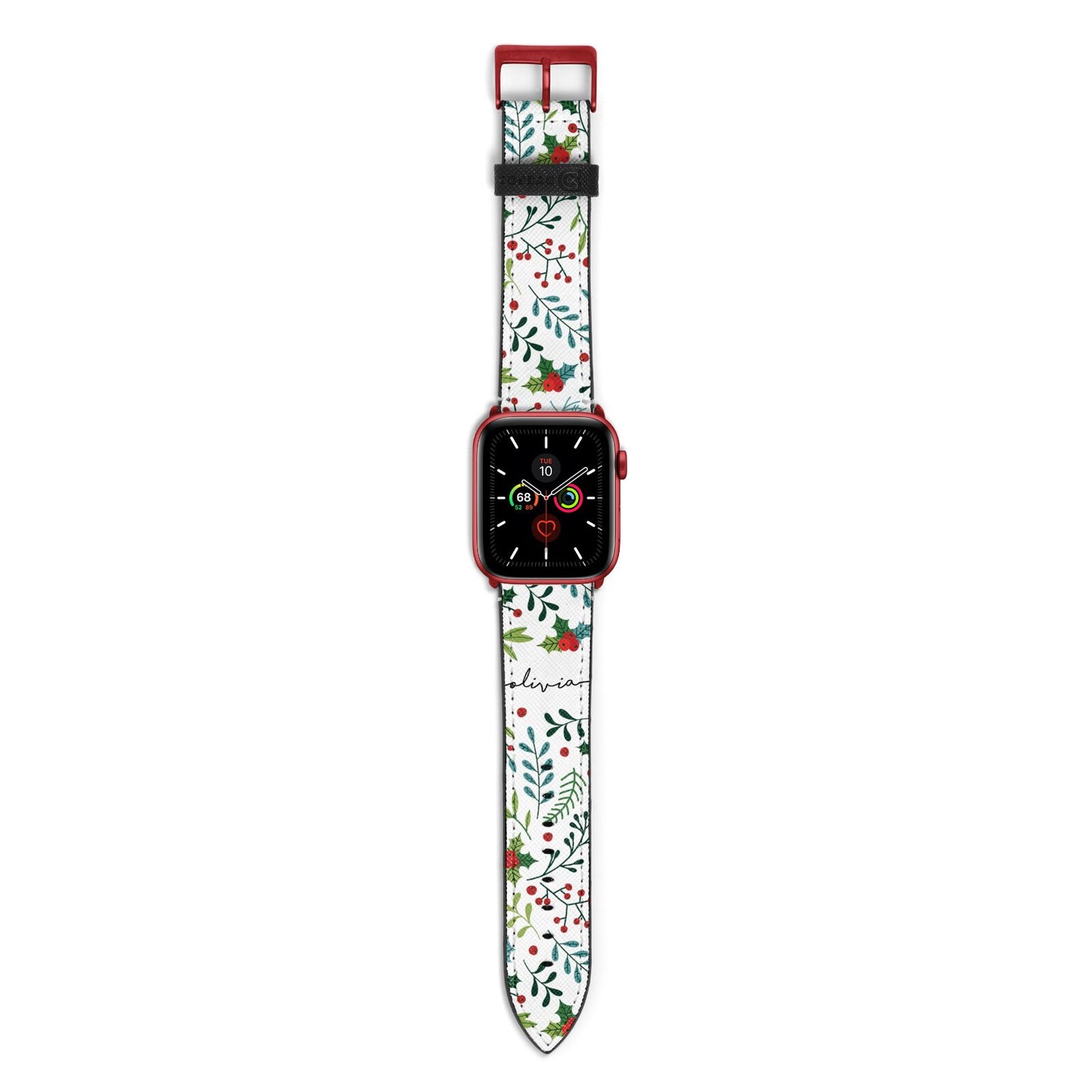 Personalised Winter Floral Apple Watch Strap with Red Hardware