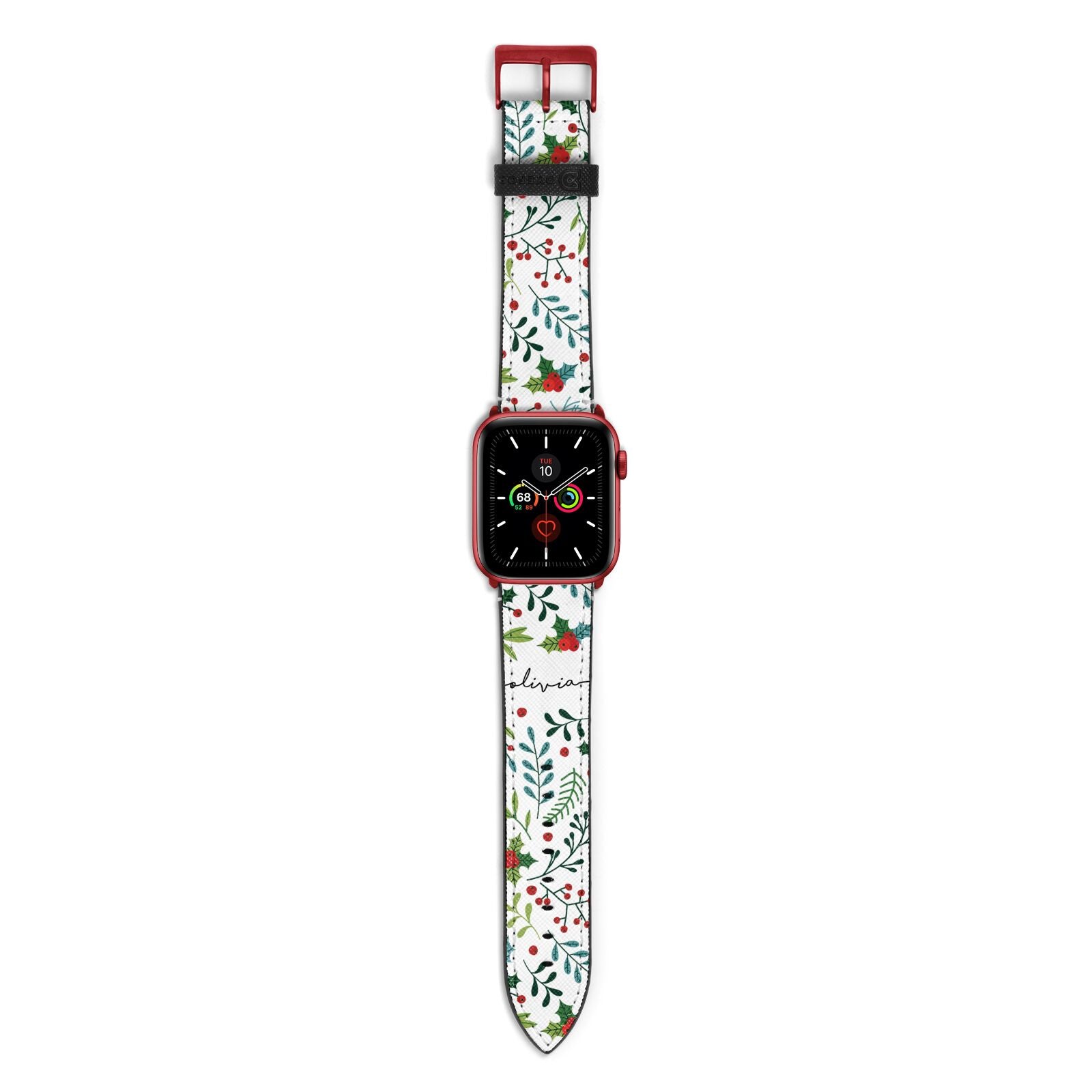 Personalised Winter Floral Apple Watch Strap with Red Hardware