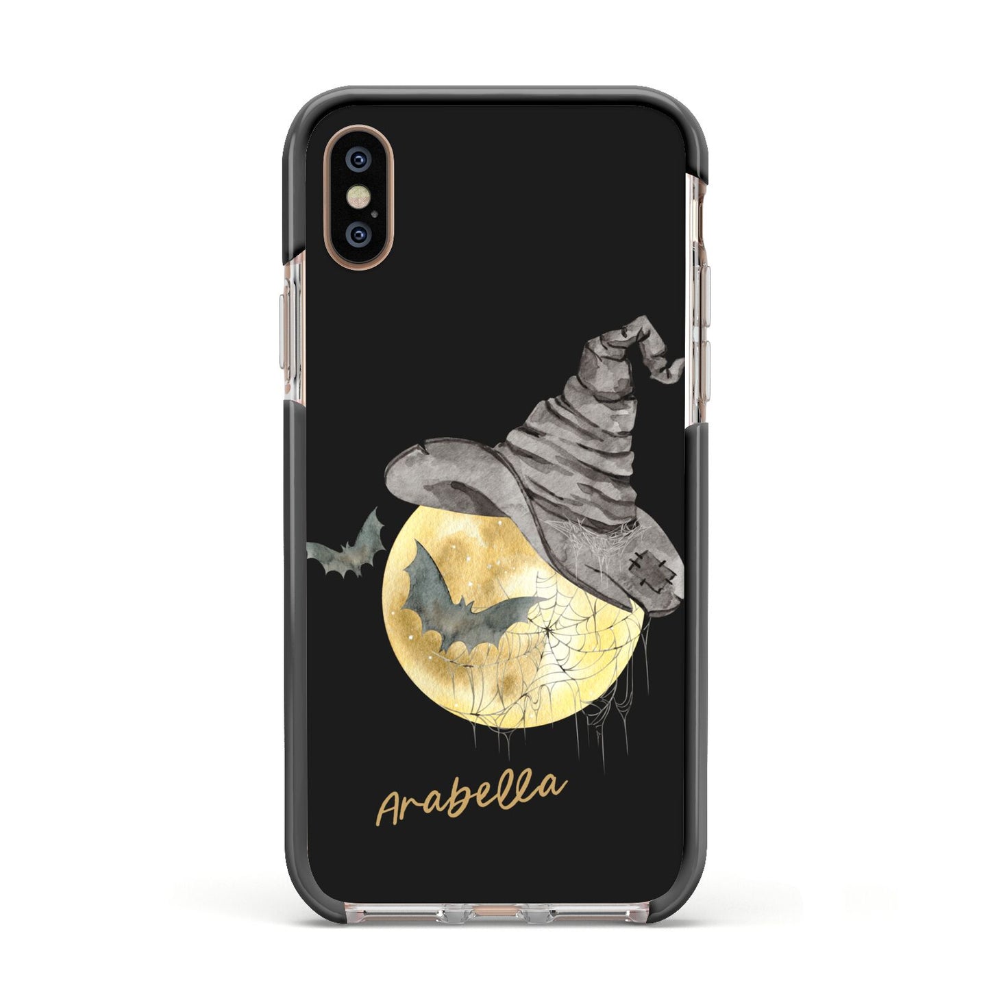 Personalised Witchy Moon Apple iPhone Xs Impact Case Black Edge on Gold Phone