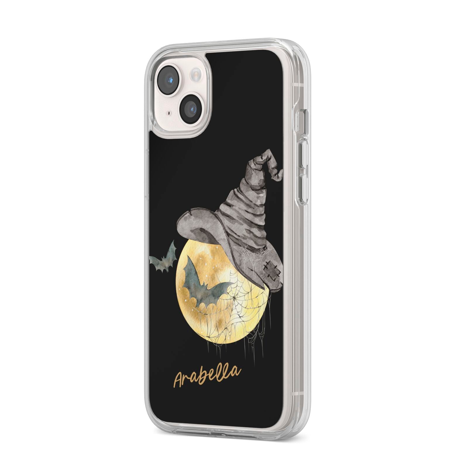 Personalised Witchy Moon iPhone 14 Plus Clear Tough Case Starlight Angled Image