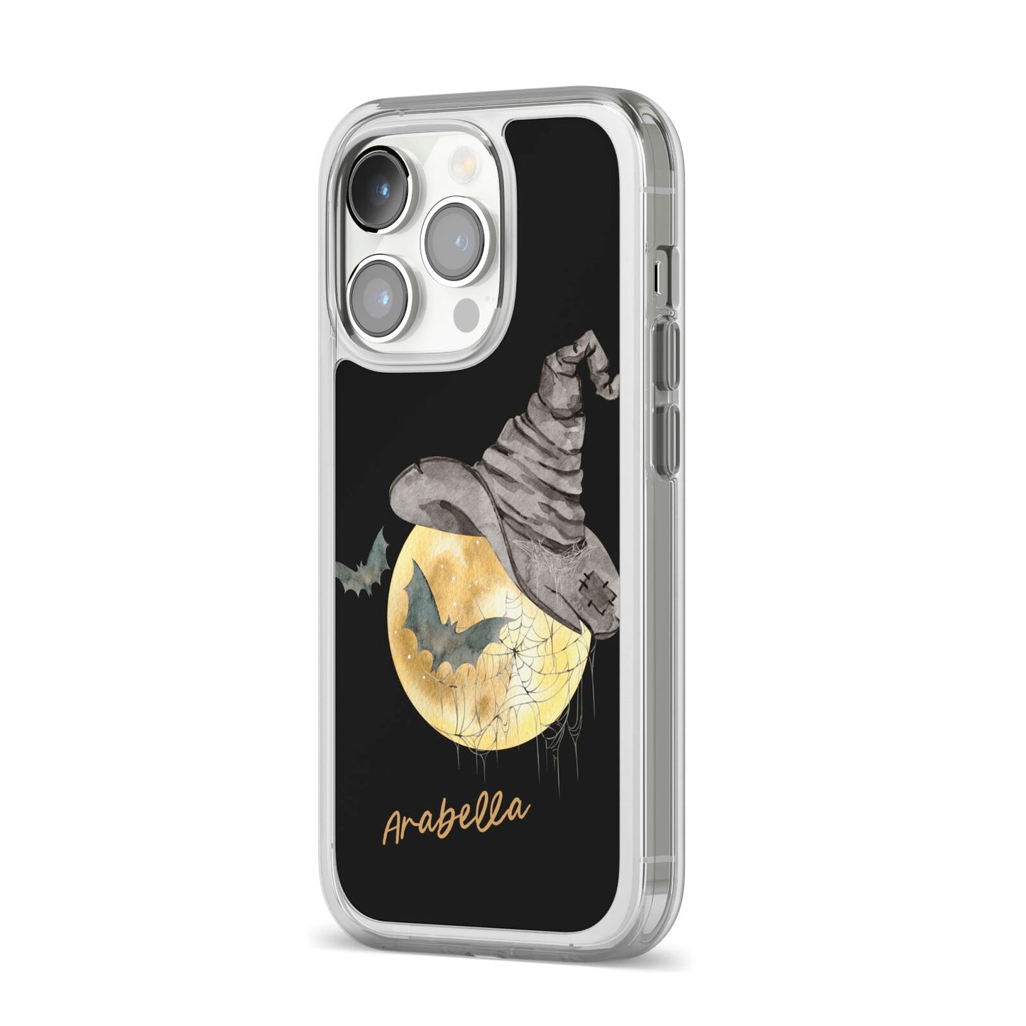 Personalised Witchy Moon iPhone 14 Pro Clear Tough Case Silver Angled Image