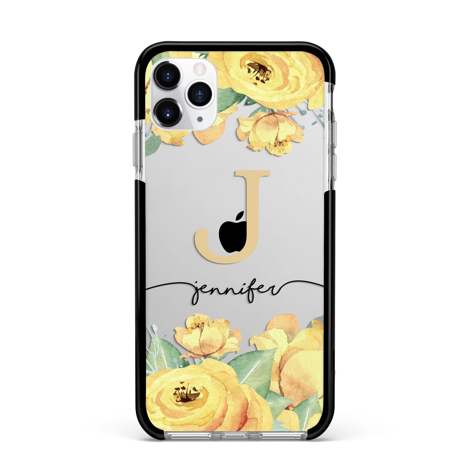 Personalised Yellow Flowers Apple iPhone 11 Pro Max in Silver with Black Impact Case