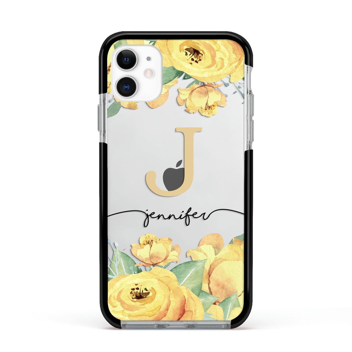 Personalised Yellow Flowers Apple iPhone 11 in White with Black Impact Case