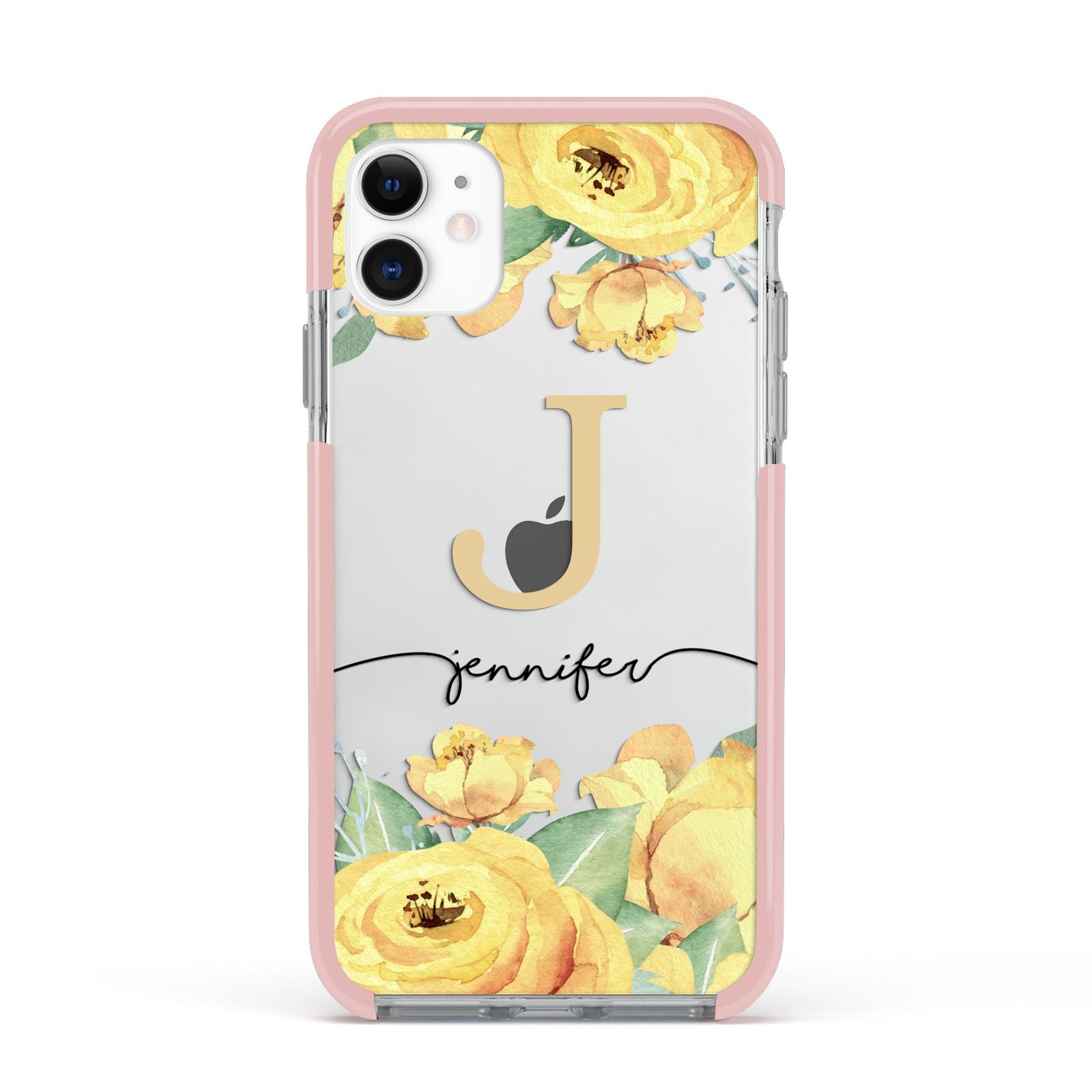 Personalised Yellow Flowers Apple iPhone 11 in White with Pink Impact Case