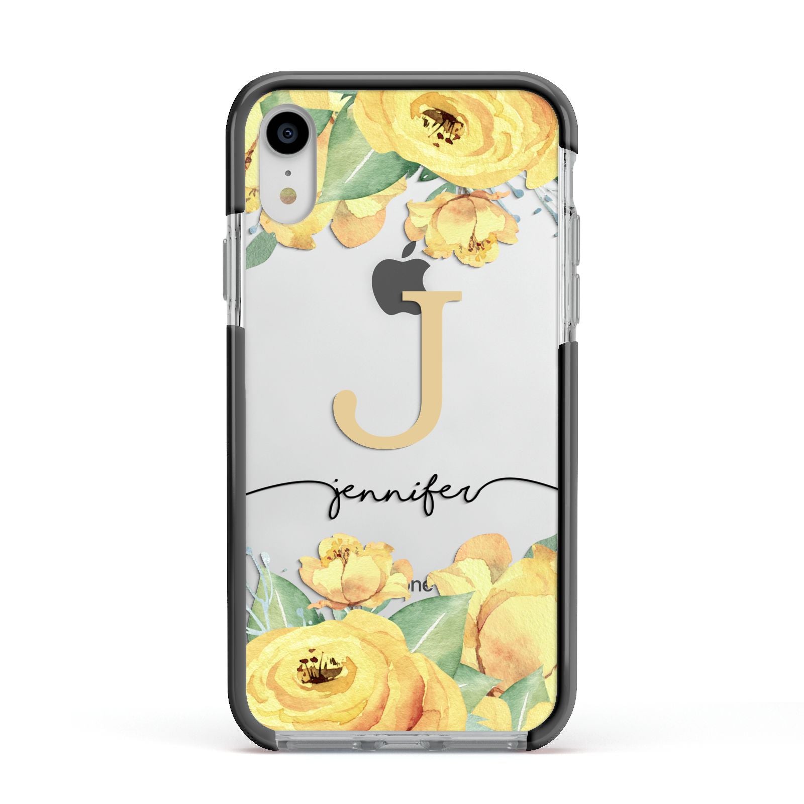 Personalised Yellow Flowers Apple iPhone XR Impact Case Black Edge on Silver Phone