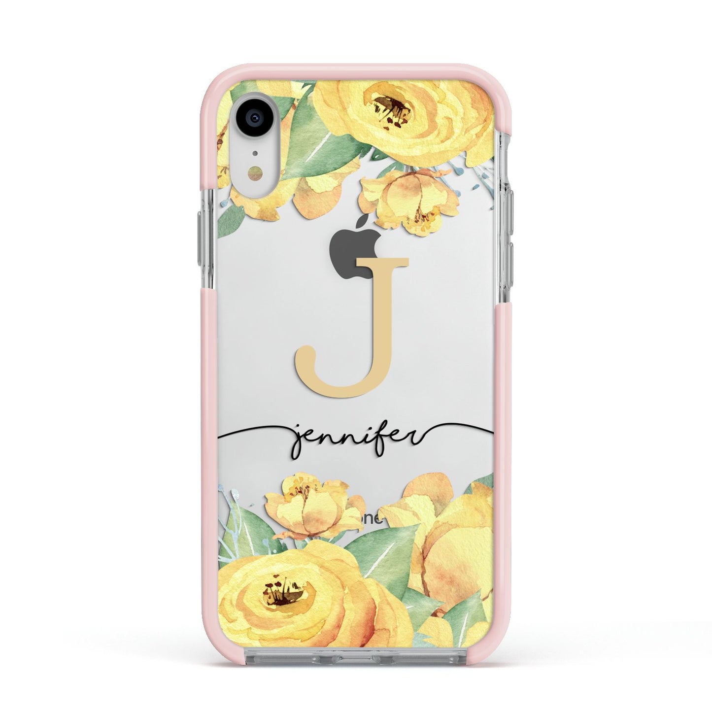 Personalised Yellow Flowers Apple iPhone XR Impact Case Pink Edge on Silver Phone