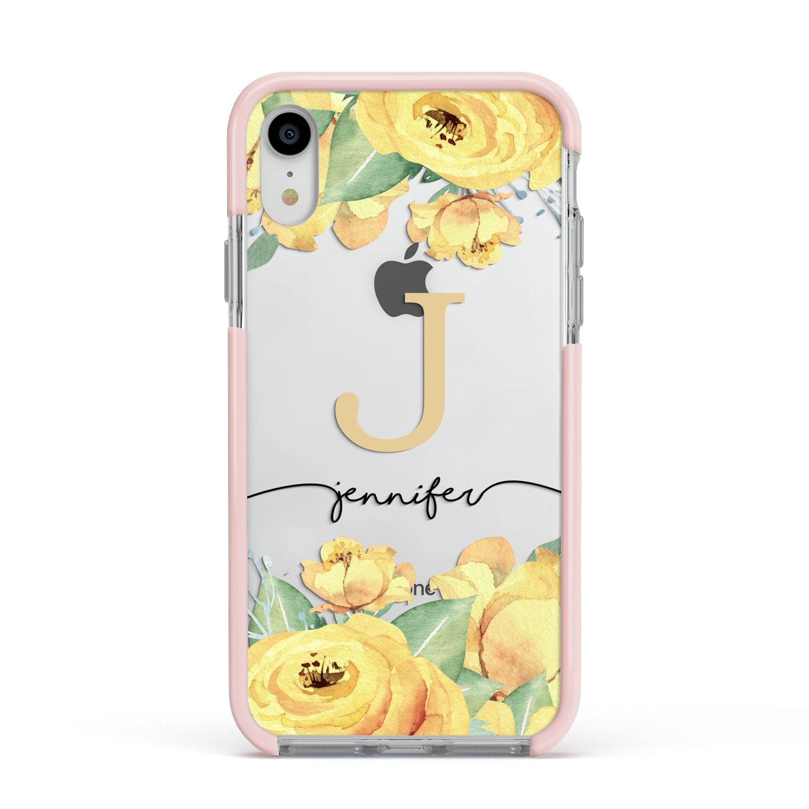 Personalised Yellow Flowers Apple iPhone XR Impact Case Pink Edge on Silver Phone