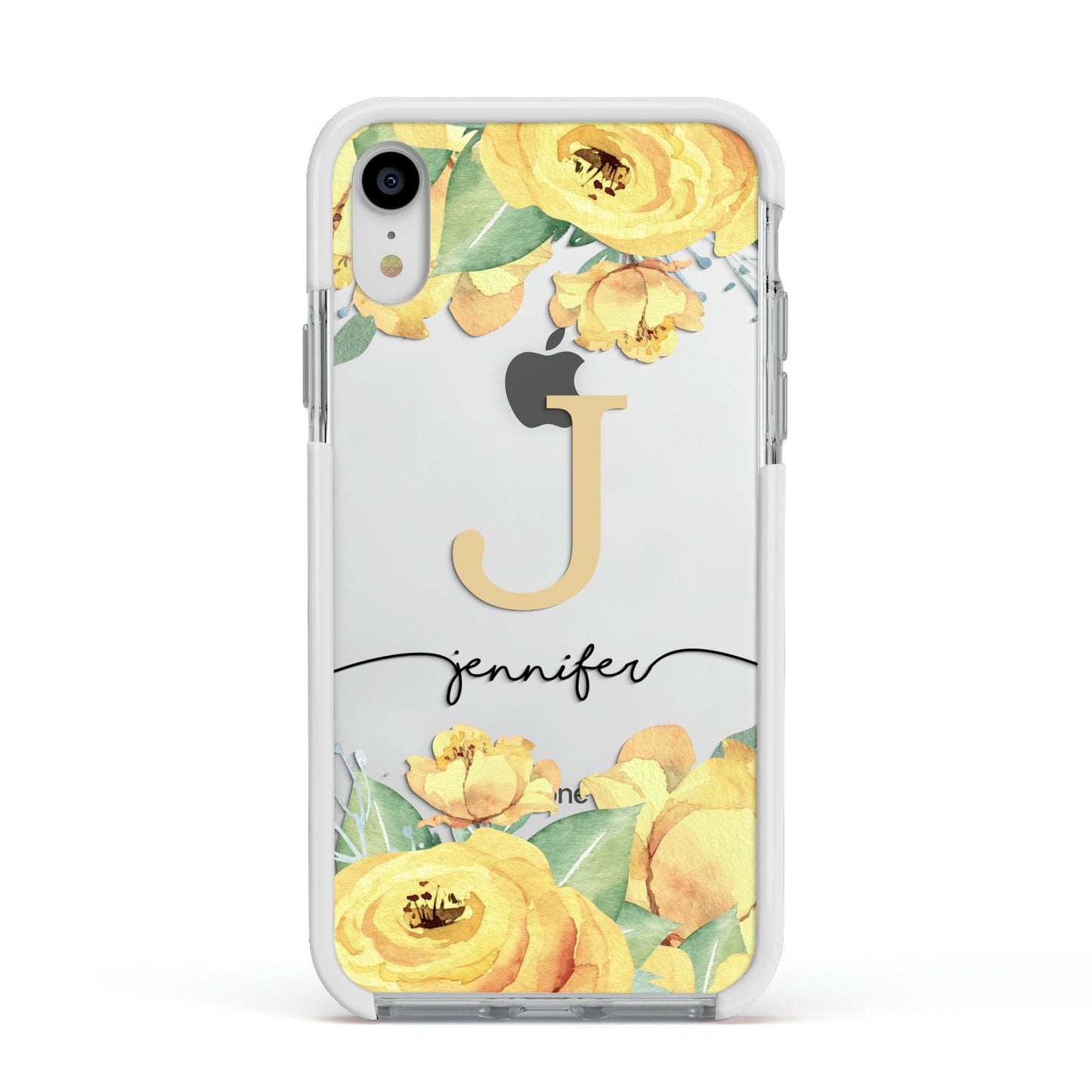 Personalised Yellow Flowers Apple iPhone XR Impact Case White Edge on Silver Phone