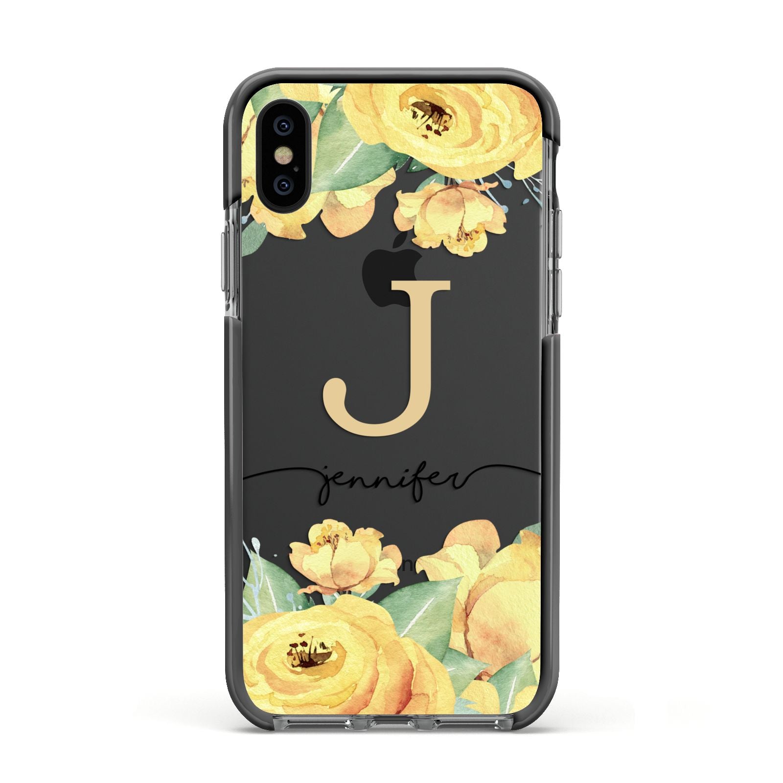 Personalised Yellow Flowers Apple iPhone Xs Impact Case Black Edge on Black Phone