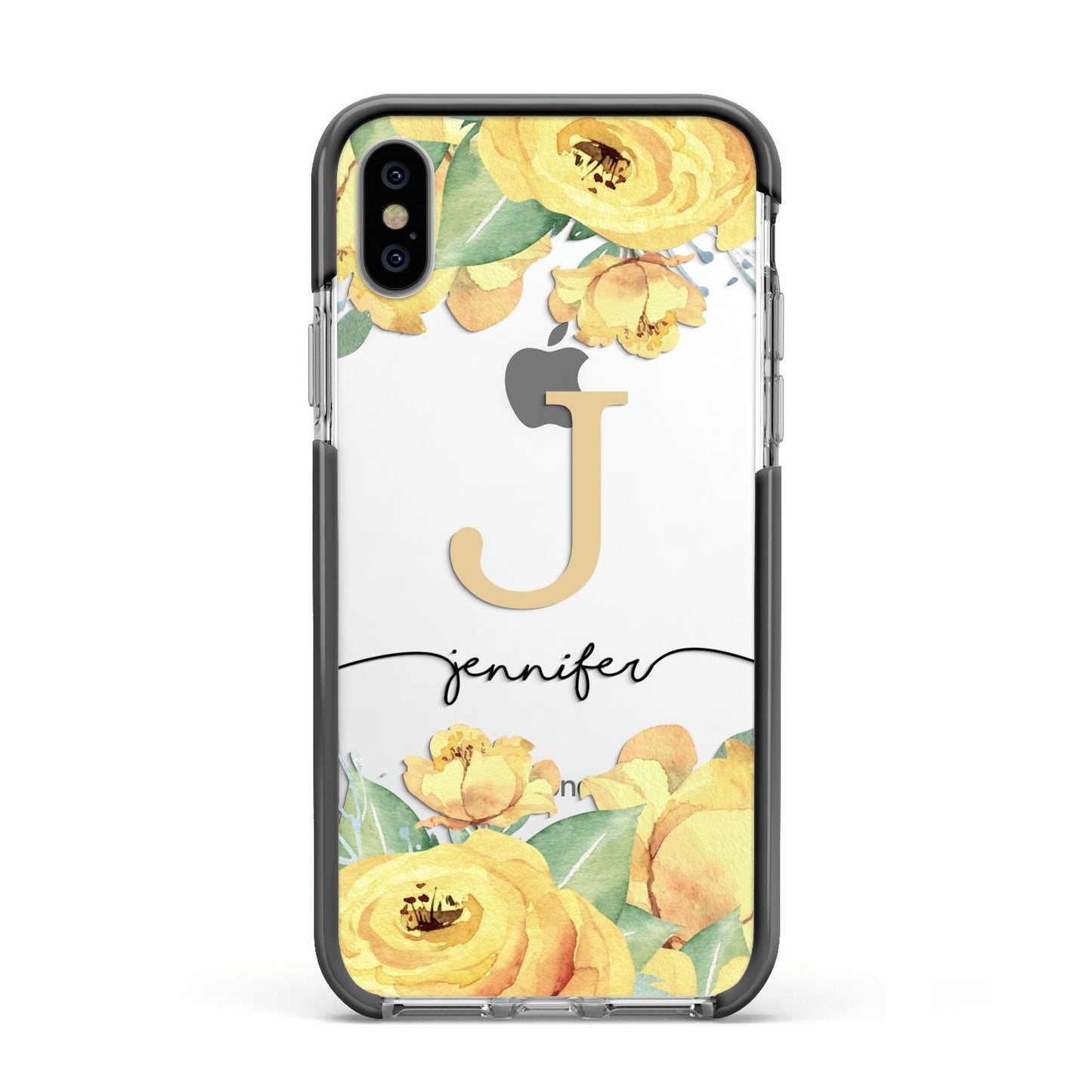 Personalised Yellow Flowers Apple iPhone Xs Impact Case Black Edge on Silver Phone