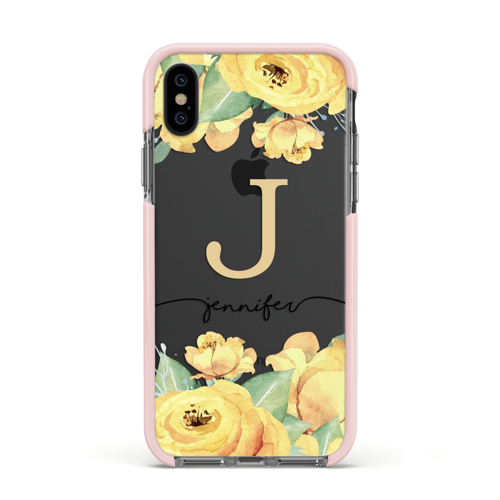 Personalised Yellow Flowers Apple iPhone Xs Impact Case Pink Edge on Black Phone