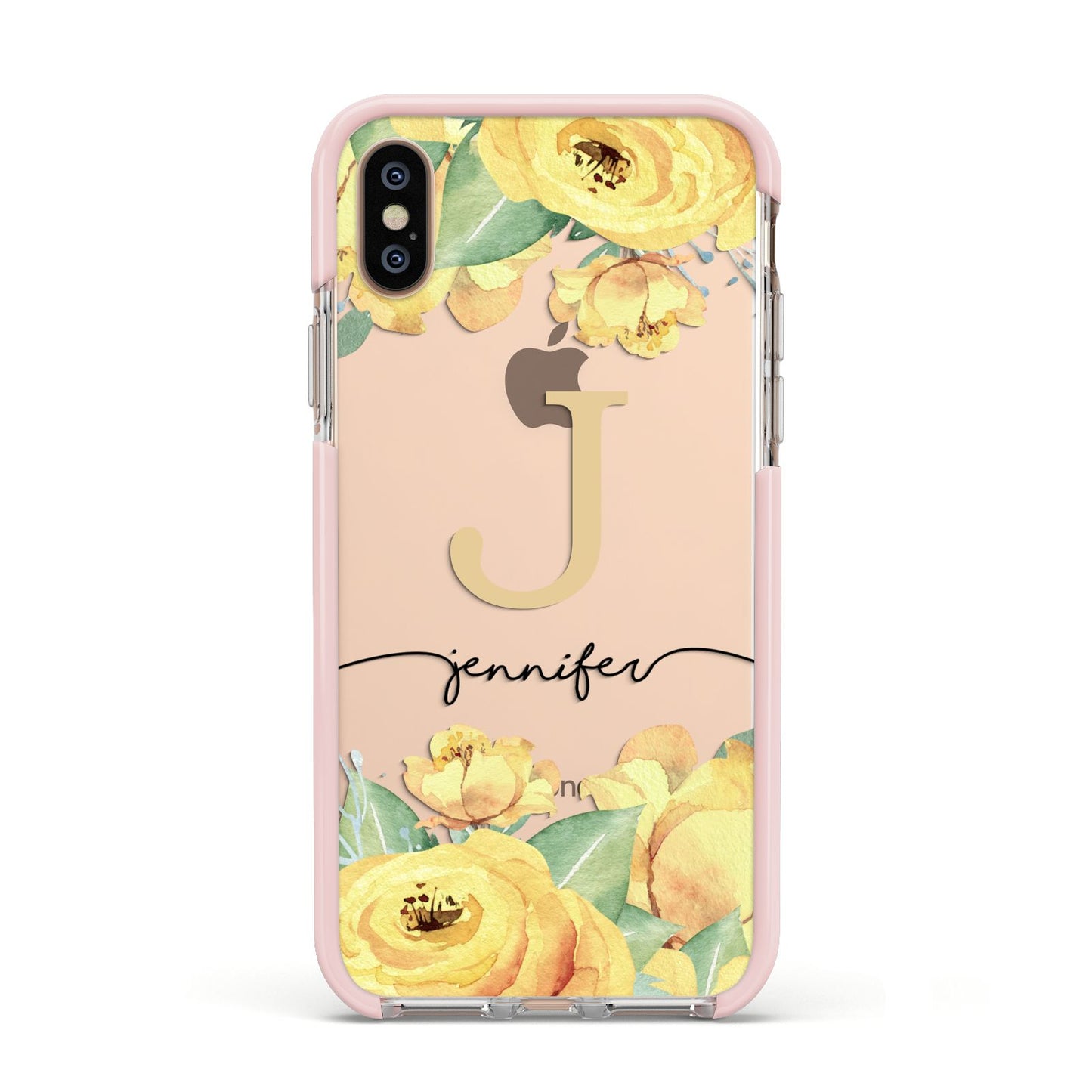 Personalised Yellow Flowers Apple iPhone Xs Impact Case Pink Edge on Gold Phone