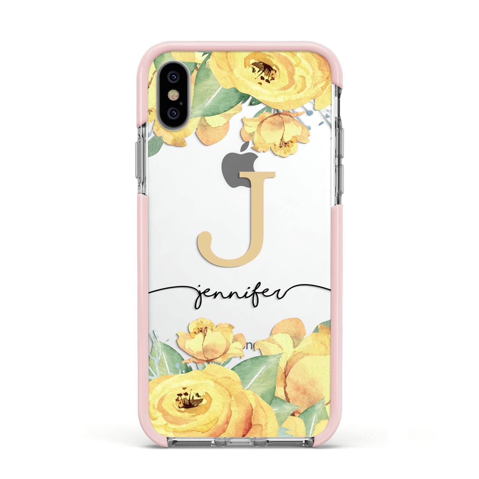 Personalised Yellow Flowers Apple iPhone Xs Impact Case Pink Edge on Silver Phone