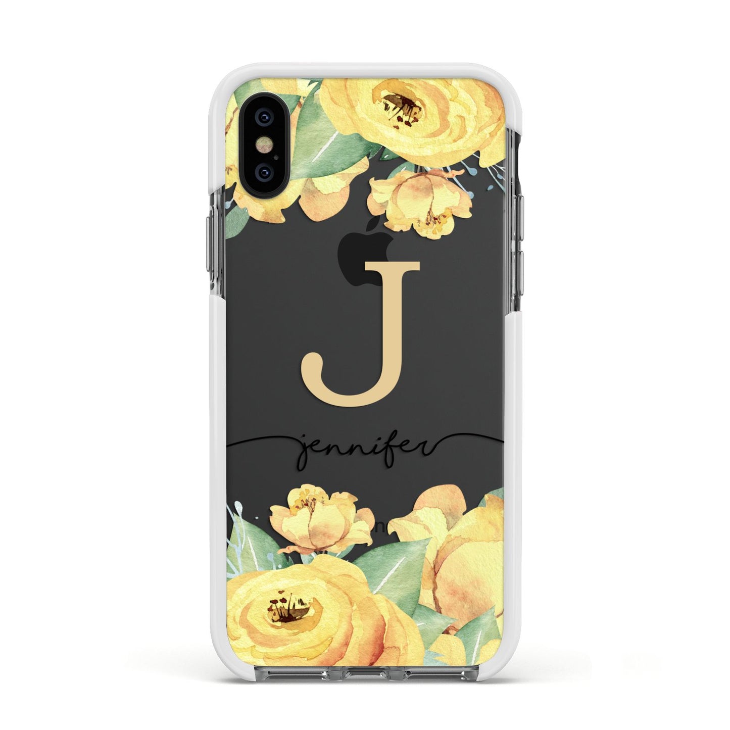 Personalised Yellow Flowers Apple iPhone Xs Impact Case White Edge on Black Phone