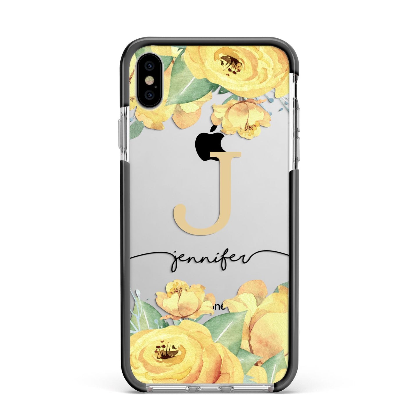 Personalised Yellow Flowers Apple iPhone Xs Max Impact Case Black Edge on Silver Phone