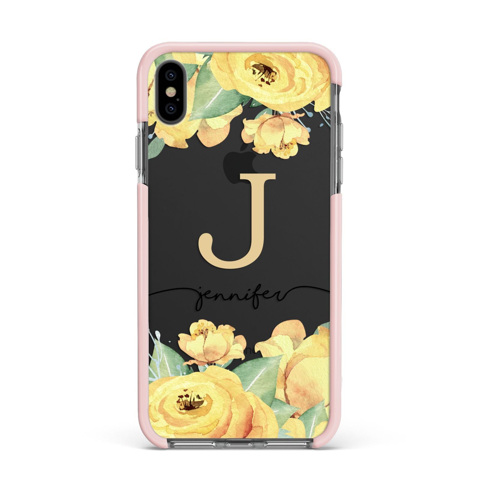 Personalised Yellow Flowers Apple iPhone Xs Max Impact Case Pink Edge on Black Phone