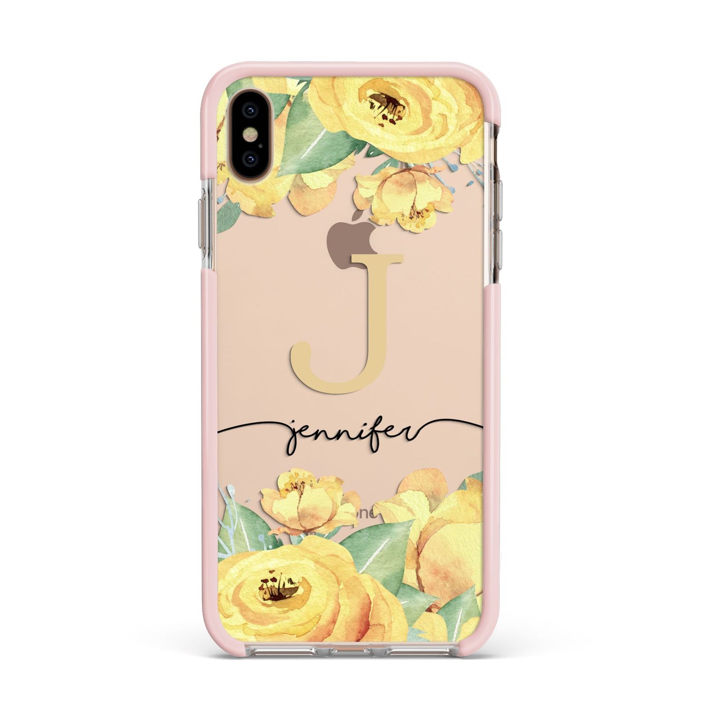 Personalised Yellow Flowers Apple iPhone Xs Max Impact Case Pink Edge on Gold Phone