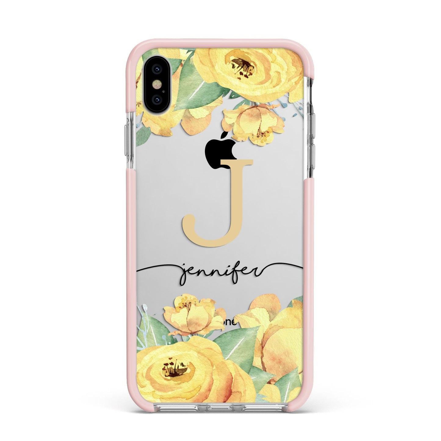 Personalised Yellow Flowers Apple iPhone Xs Max Impact Case Pink Edge on Silver Phone