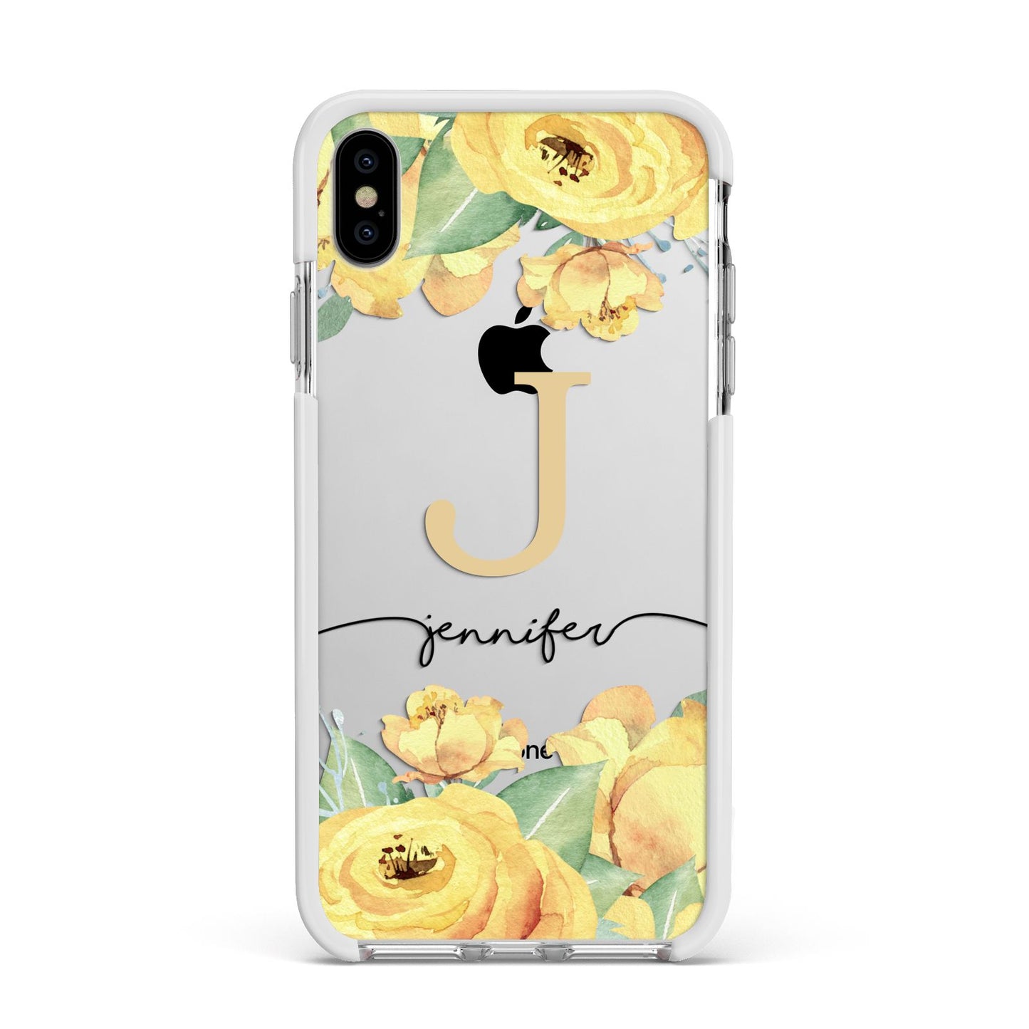 Personalised Yellow Flowers Apple iPhone Xs Max Impact Case White Edge on Silver Phone