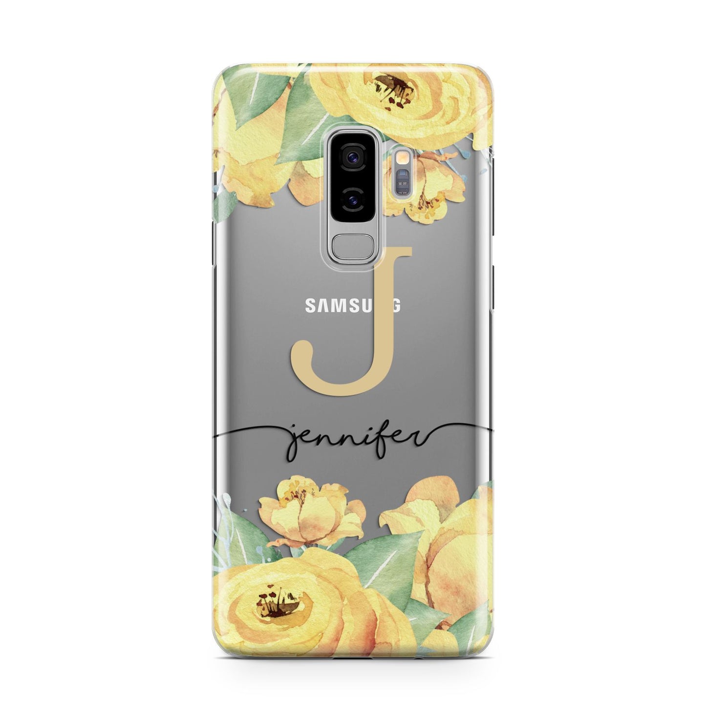 Personalised Yellow Flowers Samsung Galaxy S9 Plus Case on Silver phone