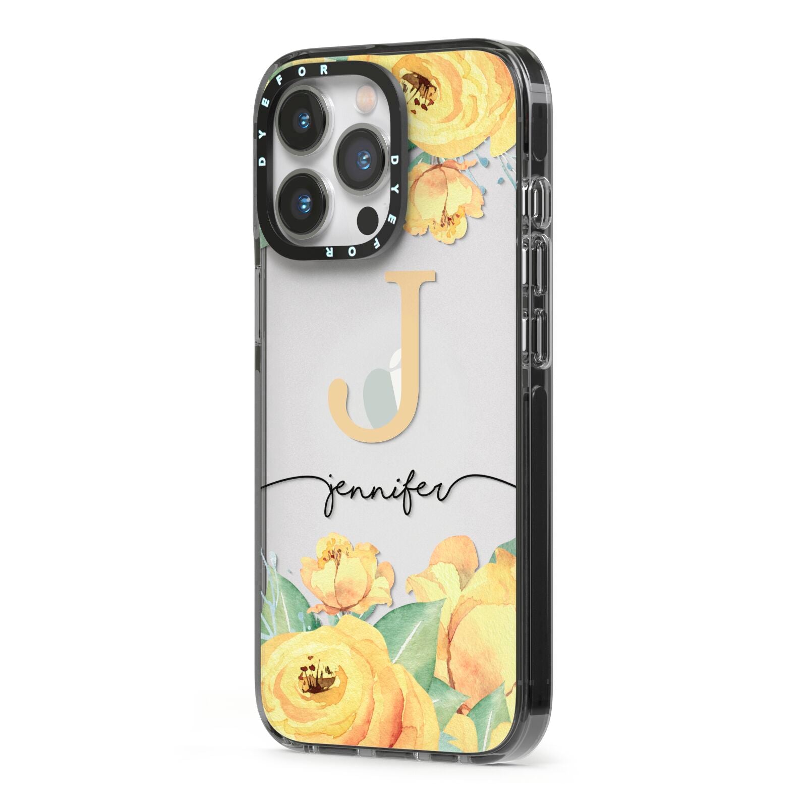 Personalised Yellow Flowers iPhone 13 Pro Black Impact Case Side Angle on Silver phone