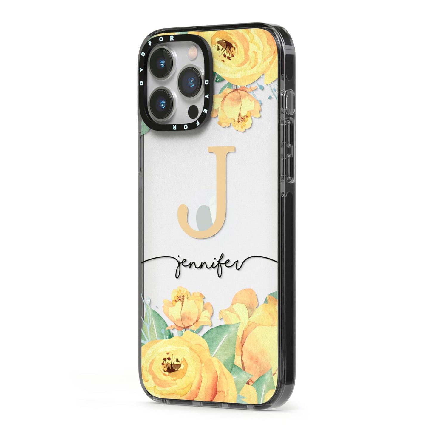 Personalised Yellow Flowers iPhone 13 Pro Max Black Impact Case Side Angle on Silver phone