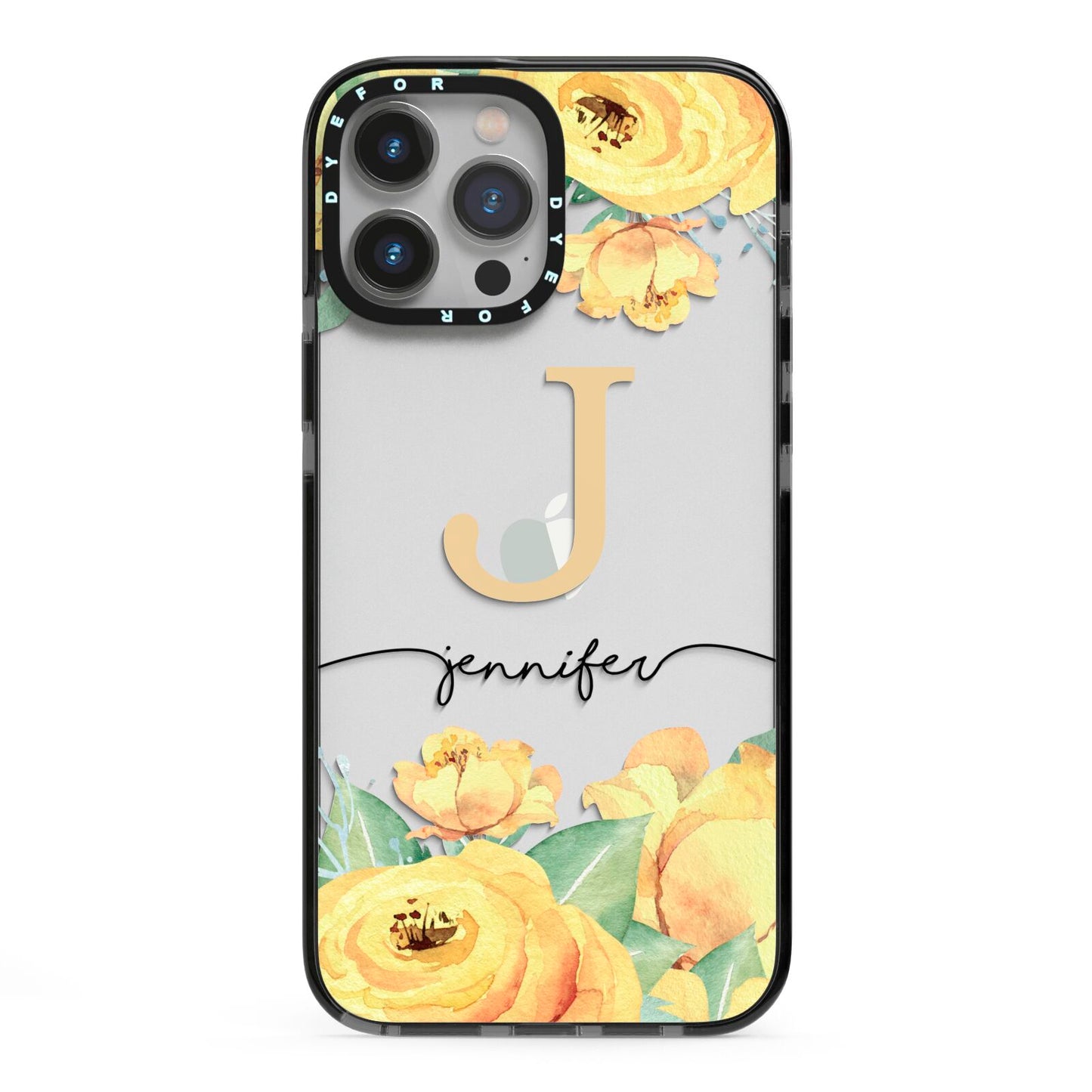 Personalised Yellow Flowers iPhone 13 Pro Max Black Impact Case on Silver phone