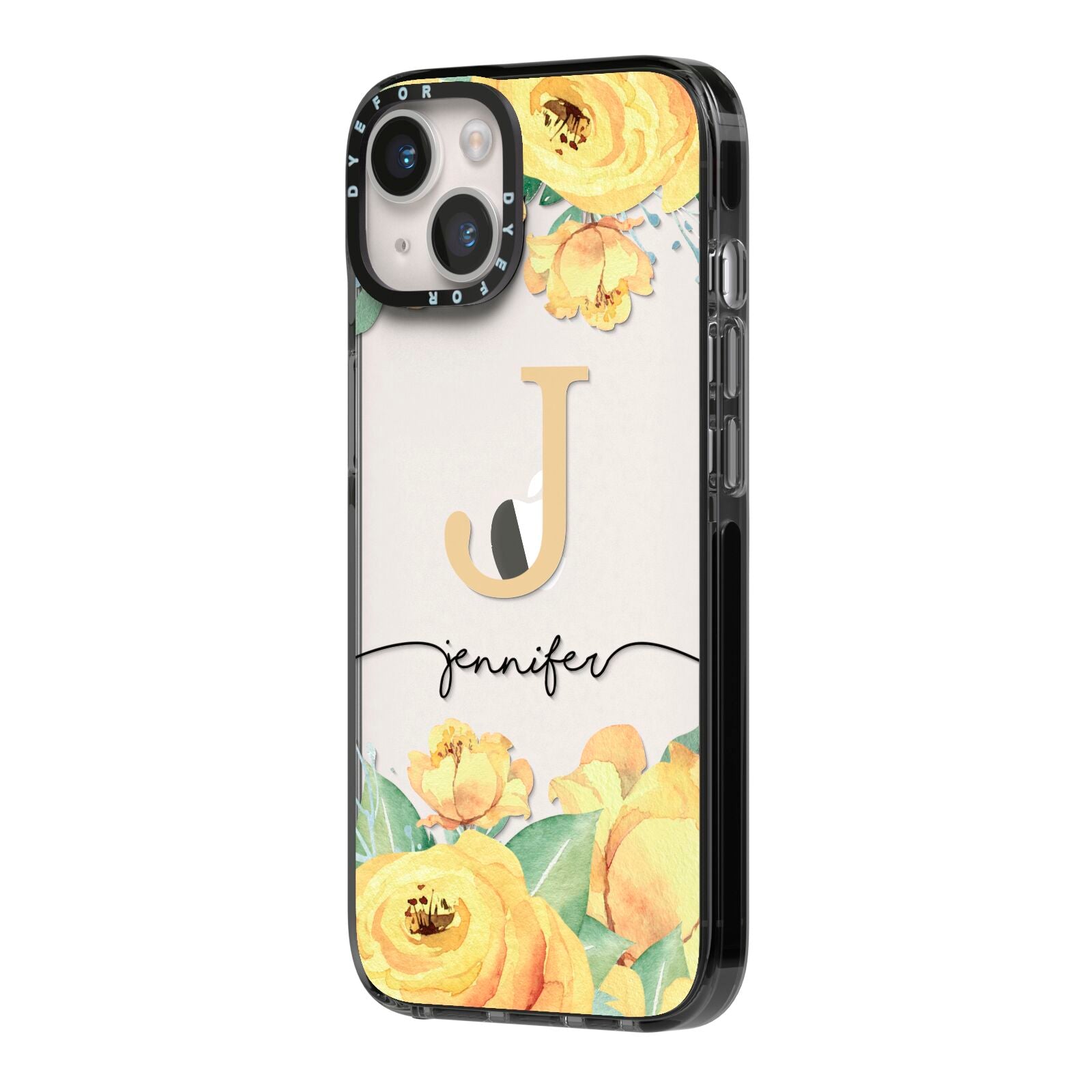 Personalised Yellow Flowers iPhone 14 Black Impact Case Side Angle on Silver phone