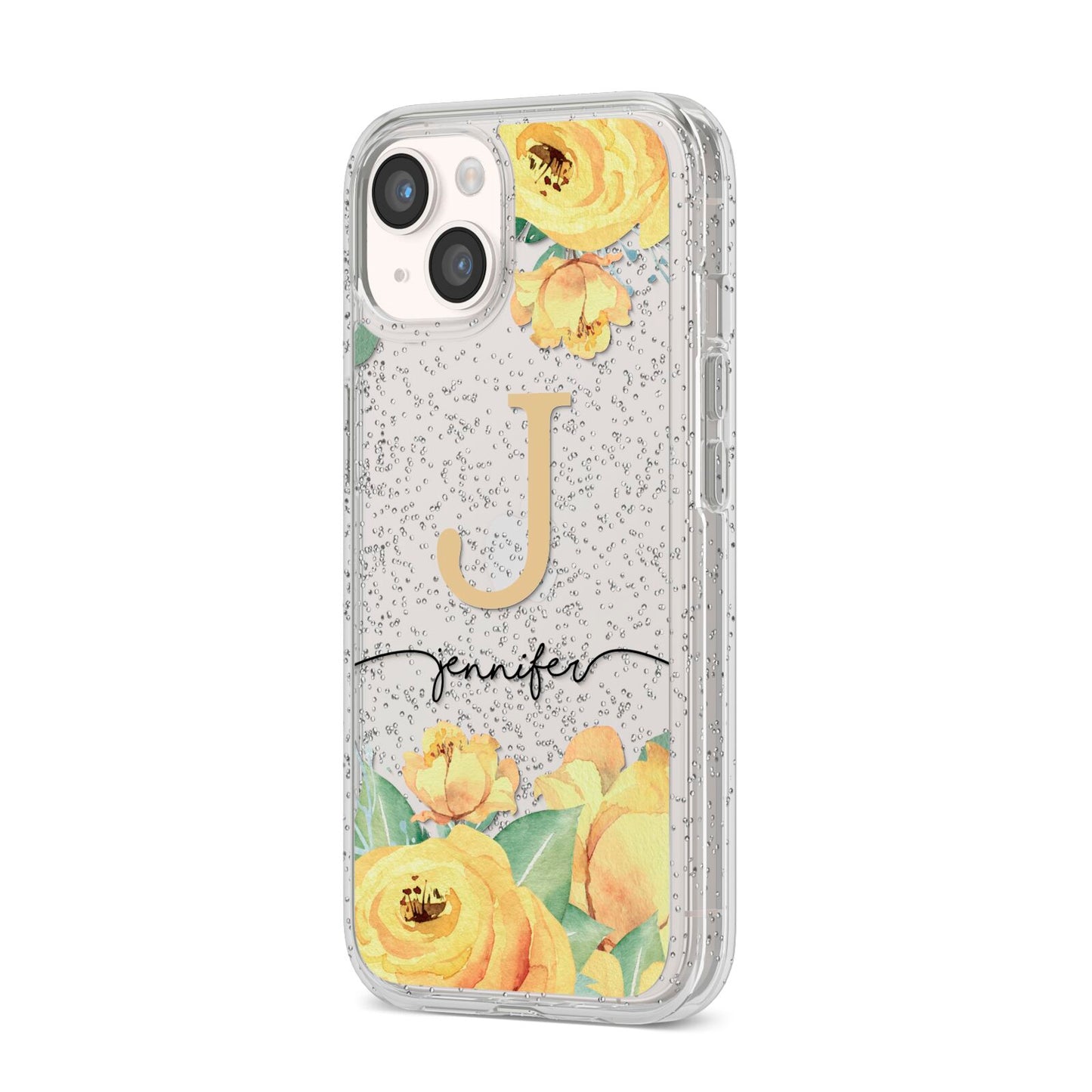 Personalised Yellow Flowers iPhone 14 Glitter Tough Case Starlight Angled Image