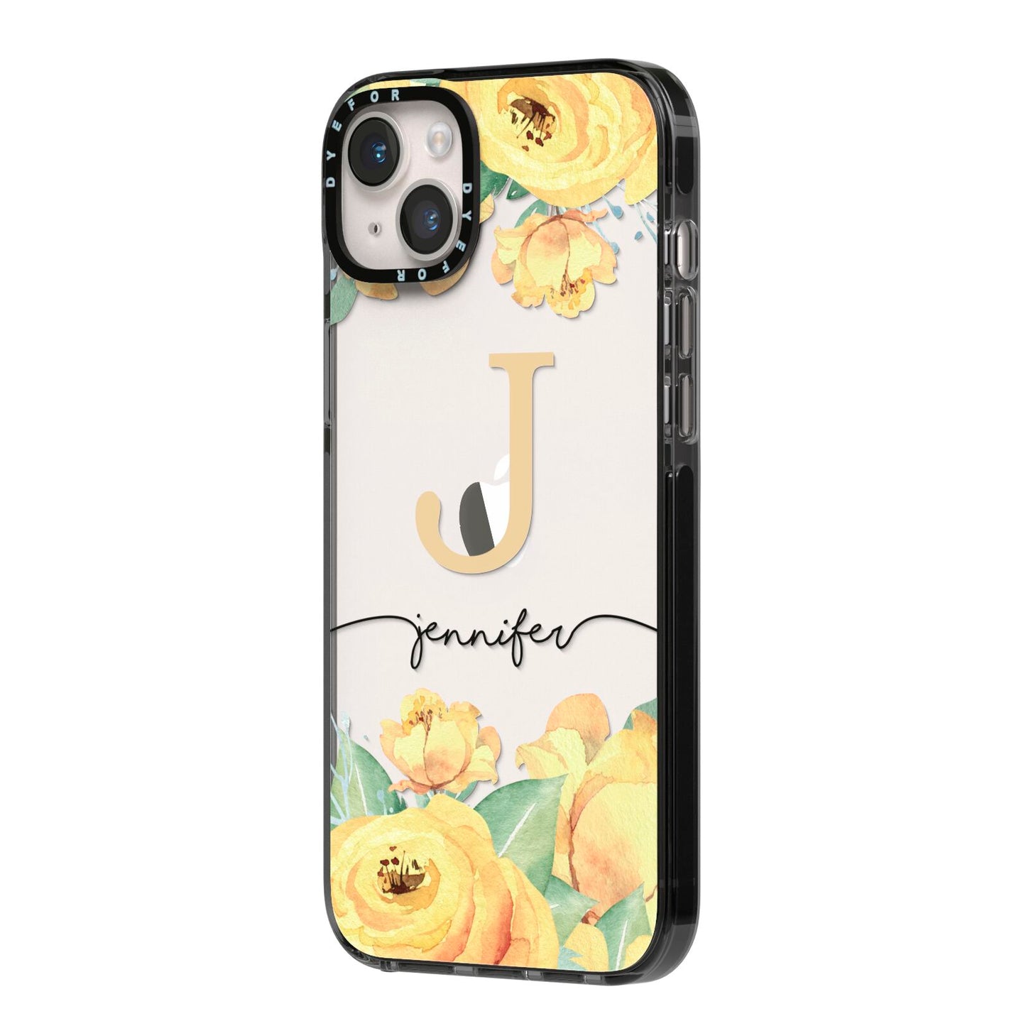 Personalised Yellow Flowers iPhone 14 Plus Black Impact Case Side Angle on Silver phone