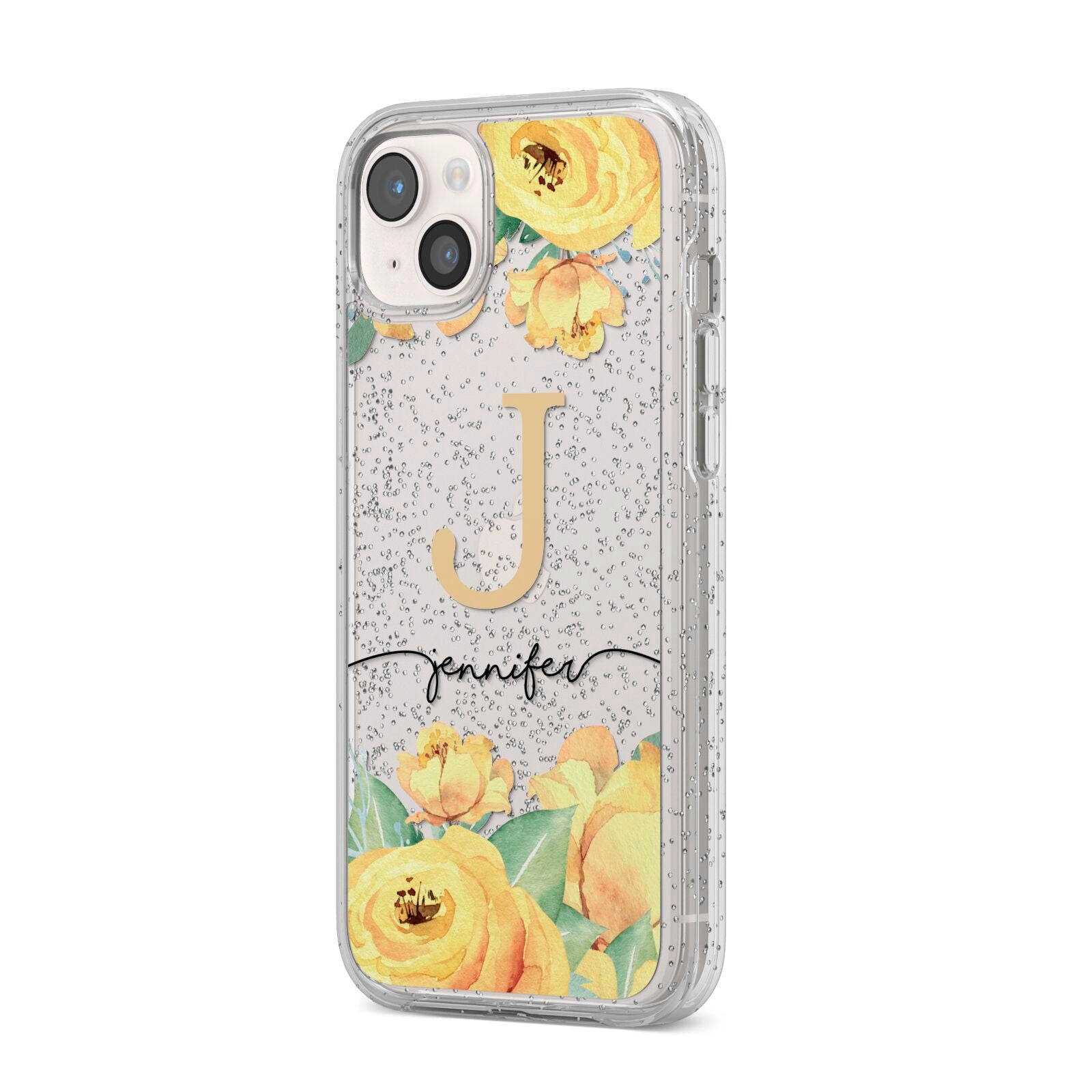 Personalised Yellow Flowers iPhone 14 Plus Glitter Tough Case Starlight Angled Image