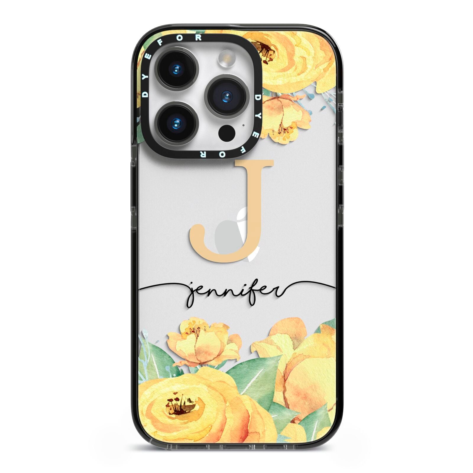 Personalised Yellow Flowers iPhone 14 Pro Black Impact Case on Silver phone