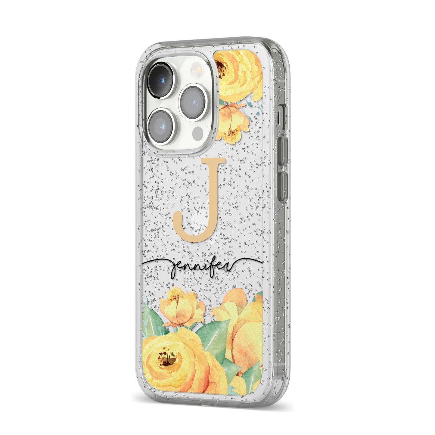 Personalised Yellow Flowers iPhone 14 Pro Glitter Tough Case Silver Angled Image