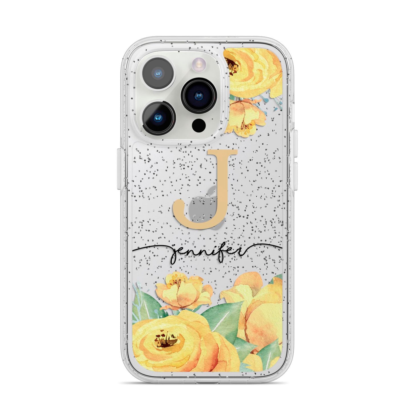 Personalised Yellow Flowers iPhone 14 Pro Glitter Tough Case Silver