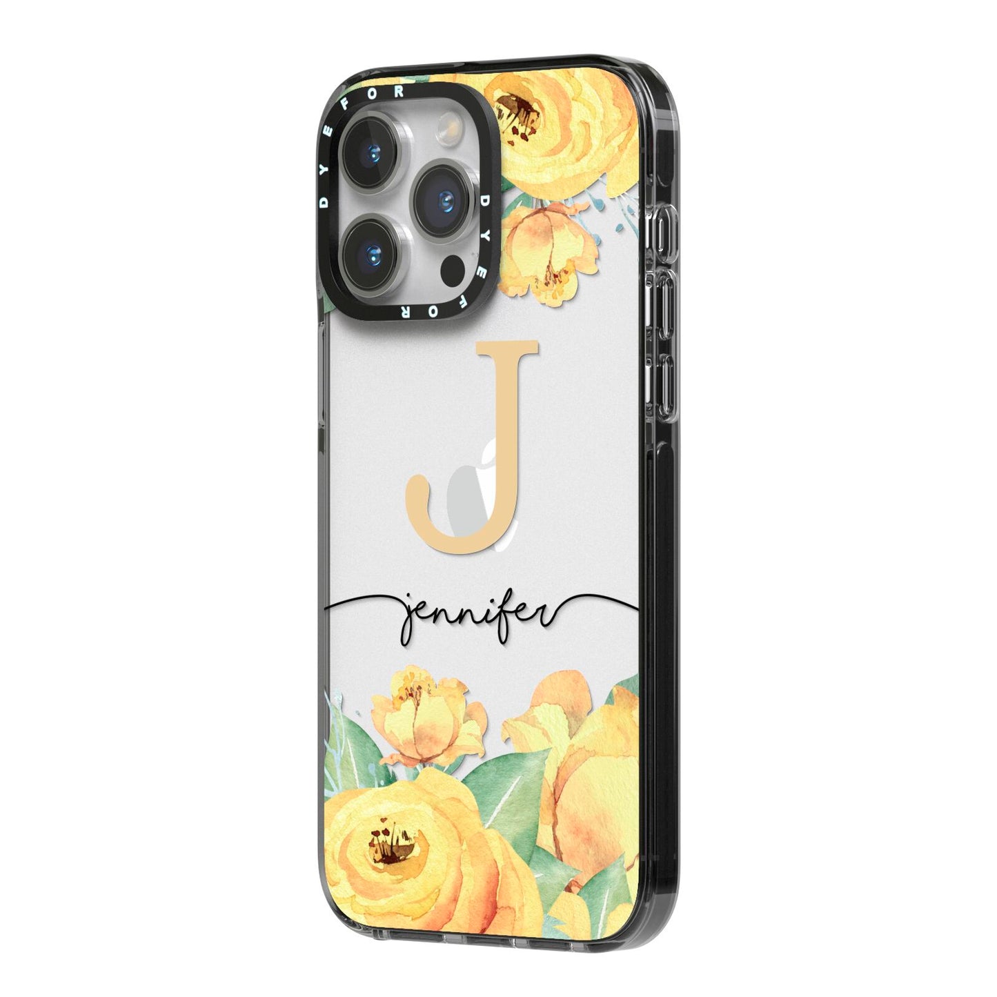 Personalised Yellow Flowers iPhone 14 Pro Max Black Impact Case Side Angle on Silver phone