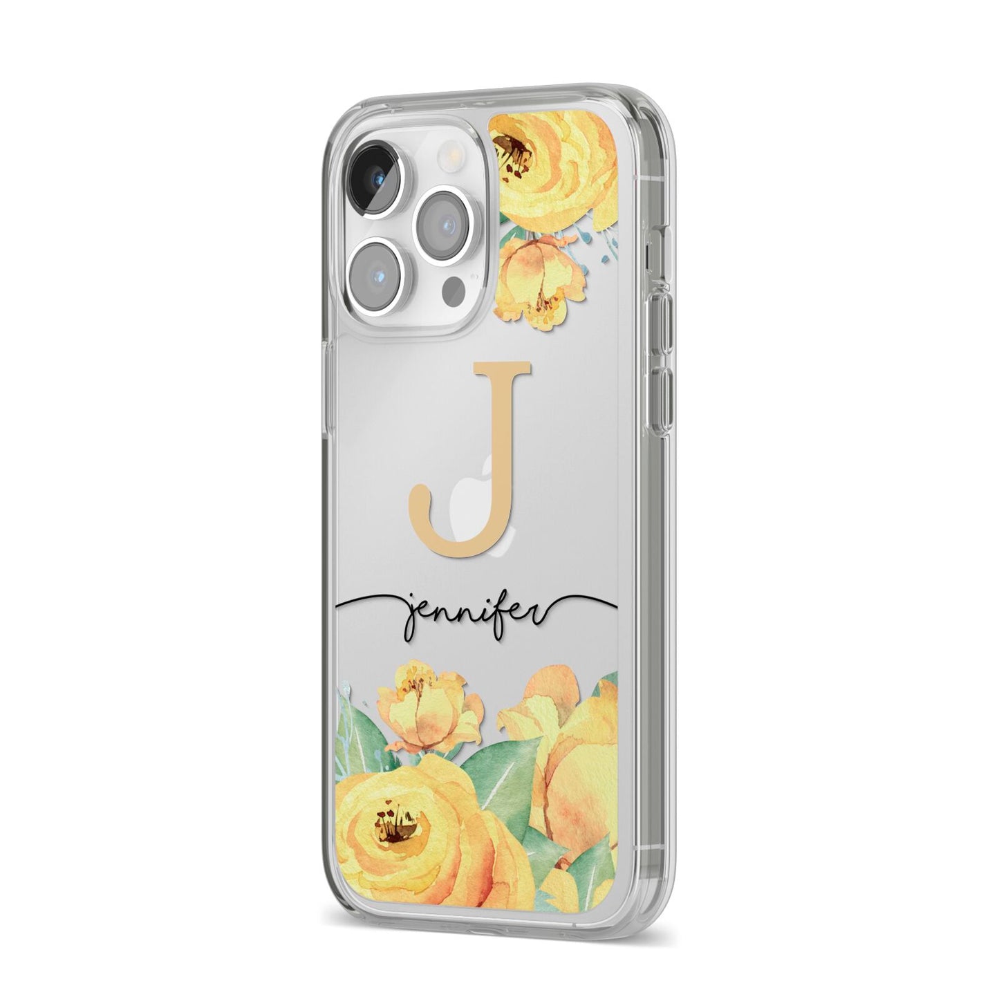 Personalised Yellow Flowers iPhone 14 Pro Max Clear Tough Case Silver Angled Image