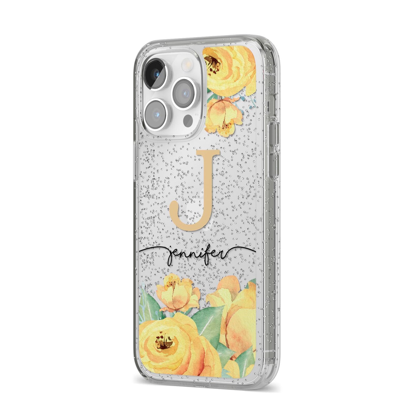 Personalised Yellow Flowers iPhone 14 Pro Max Glitter Tough Case Silver Angled Image