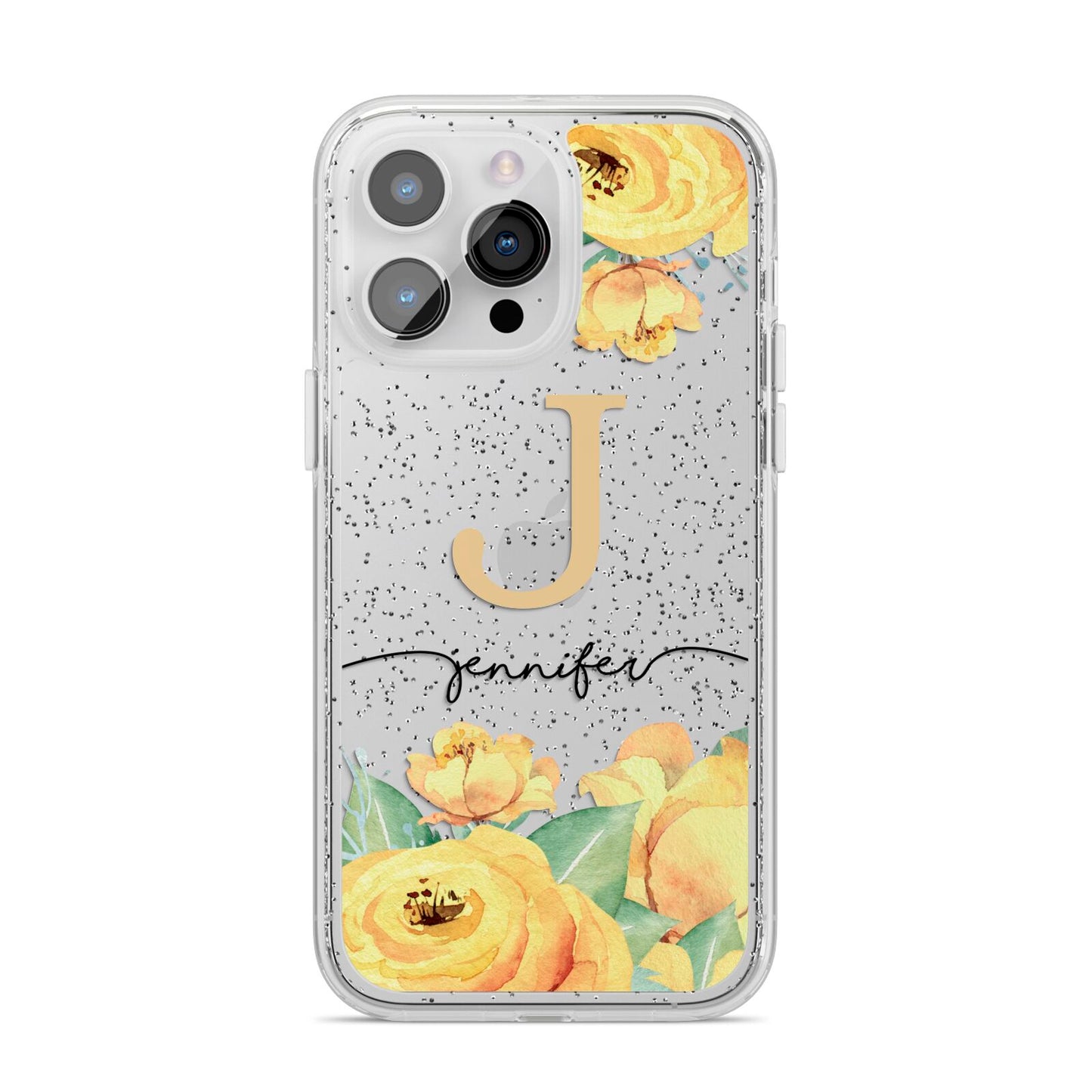 Personalised Yellow Flowers iPhone 14 Pro Max Glitter Tough Case Silver