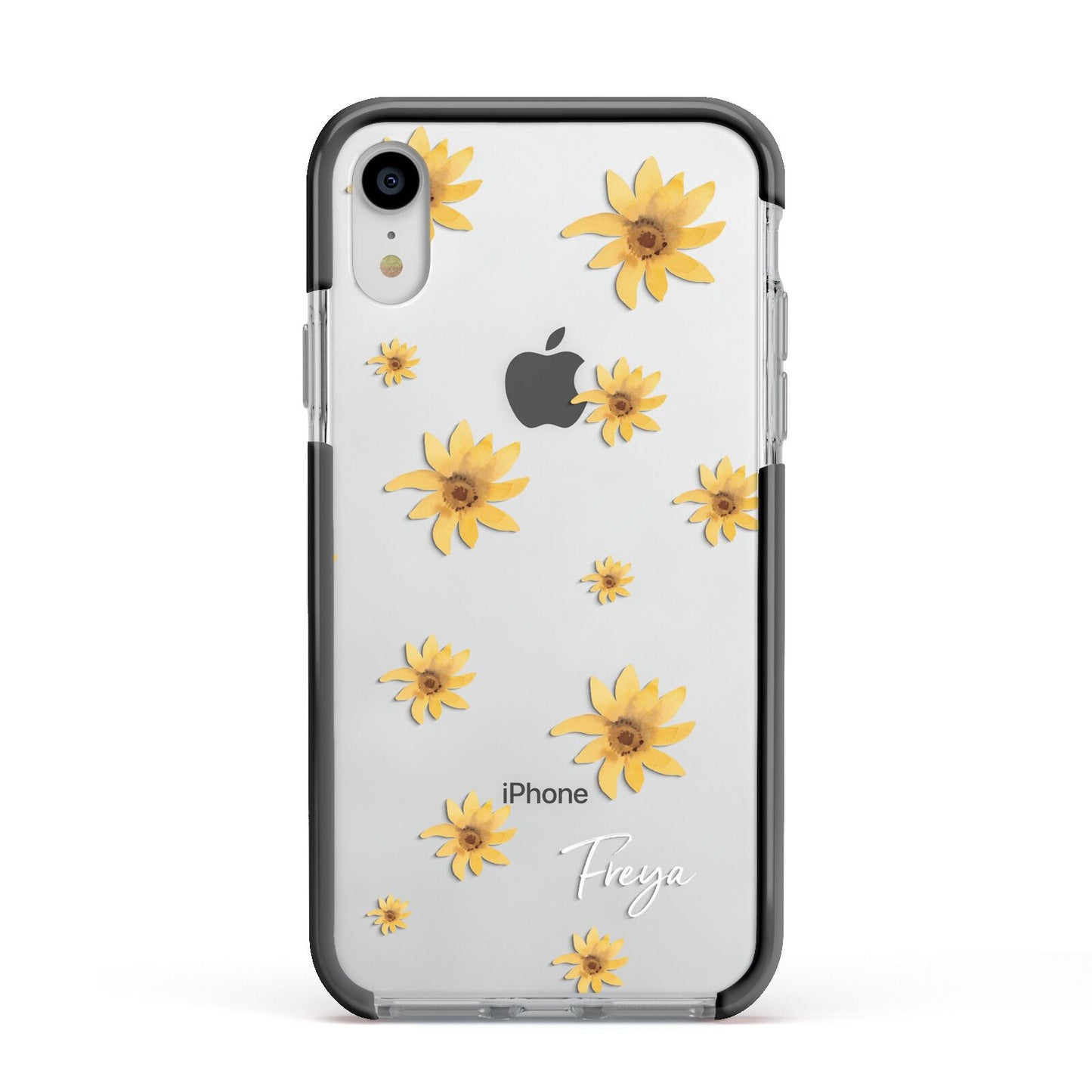 Personalised Yellow Lily Apple iPhone XR Impact Case Black Edge on Silver Phone