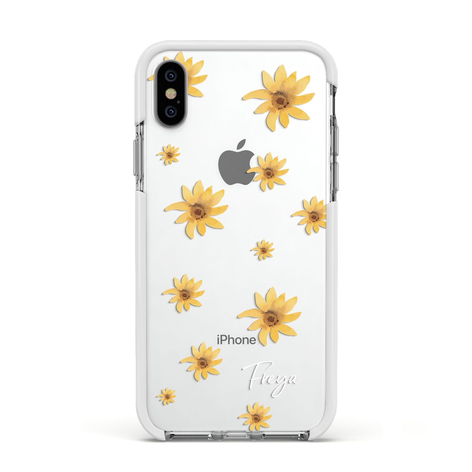 Personalised Yellow Lily Apple iPhone Xs Impact Case White Edge on Silver Phone