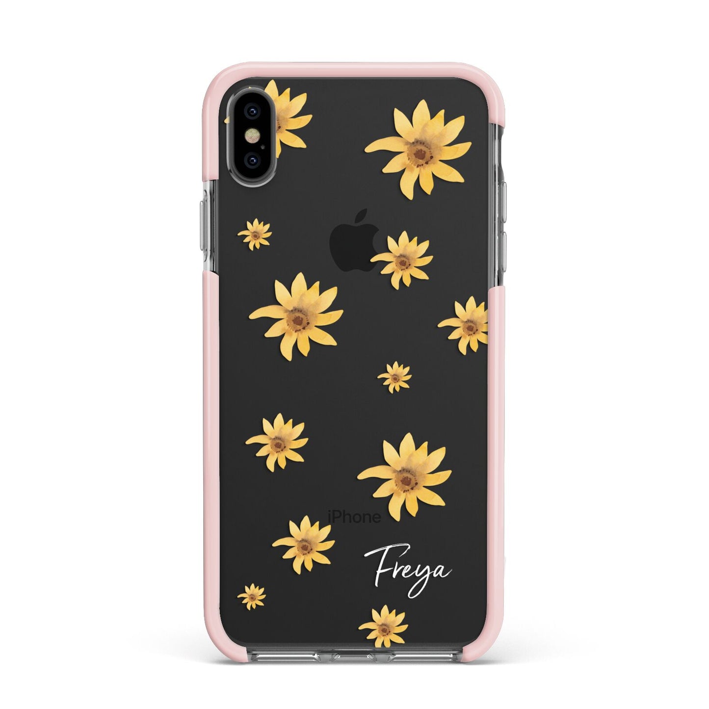 Personalised Yellow Lily Apple iPhone Xs Max Impact Case Pink Edge on Black Phone