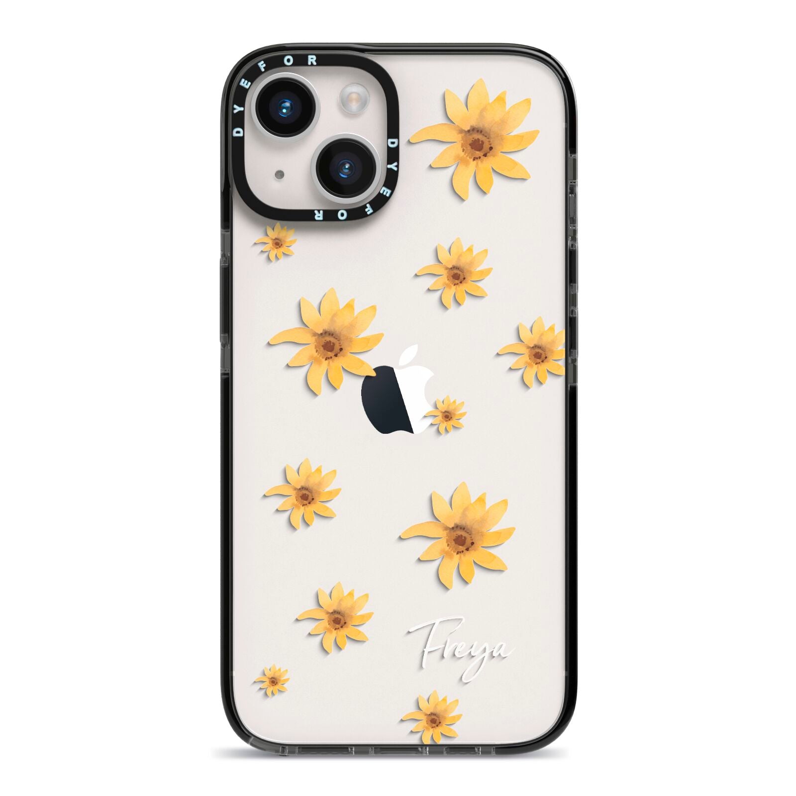 Personalised Yellow Lily iPhone 14 Black Impact Case on Silver phone