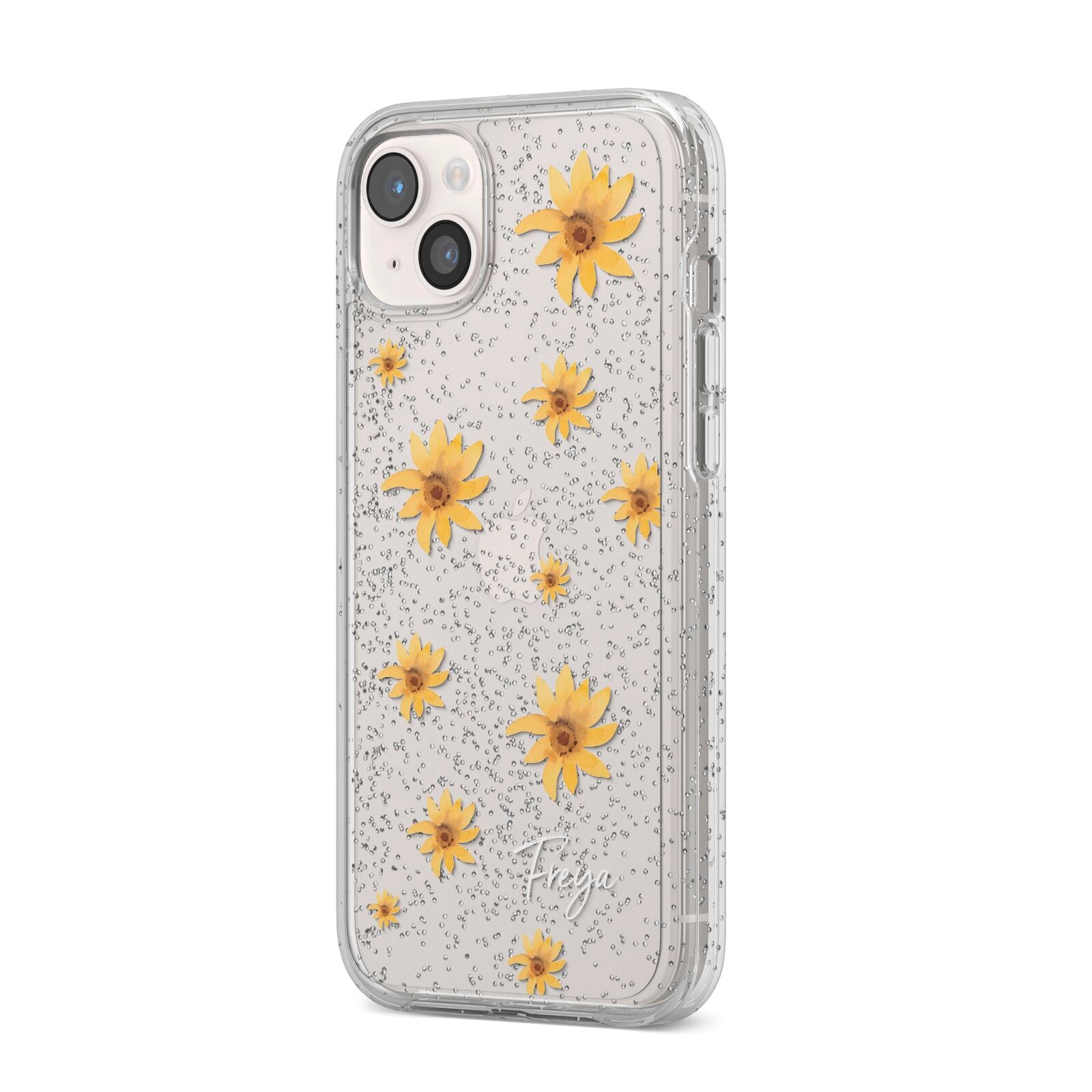 Personalised Yellow Lily iPhone 14 Plus Glitter Tough Case Starlight Angled Image