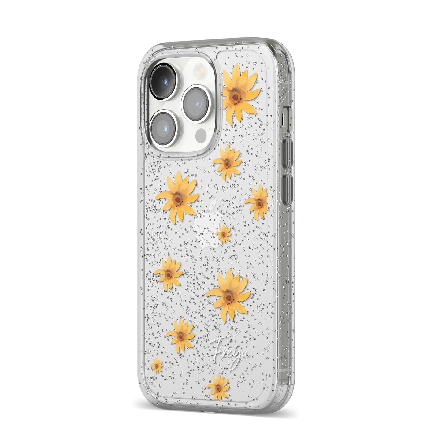 Personalised Yellow Lily iPhone 14 Pro Glitter Tough Case Silver Angled Image