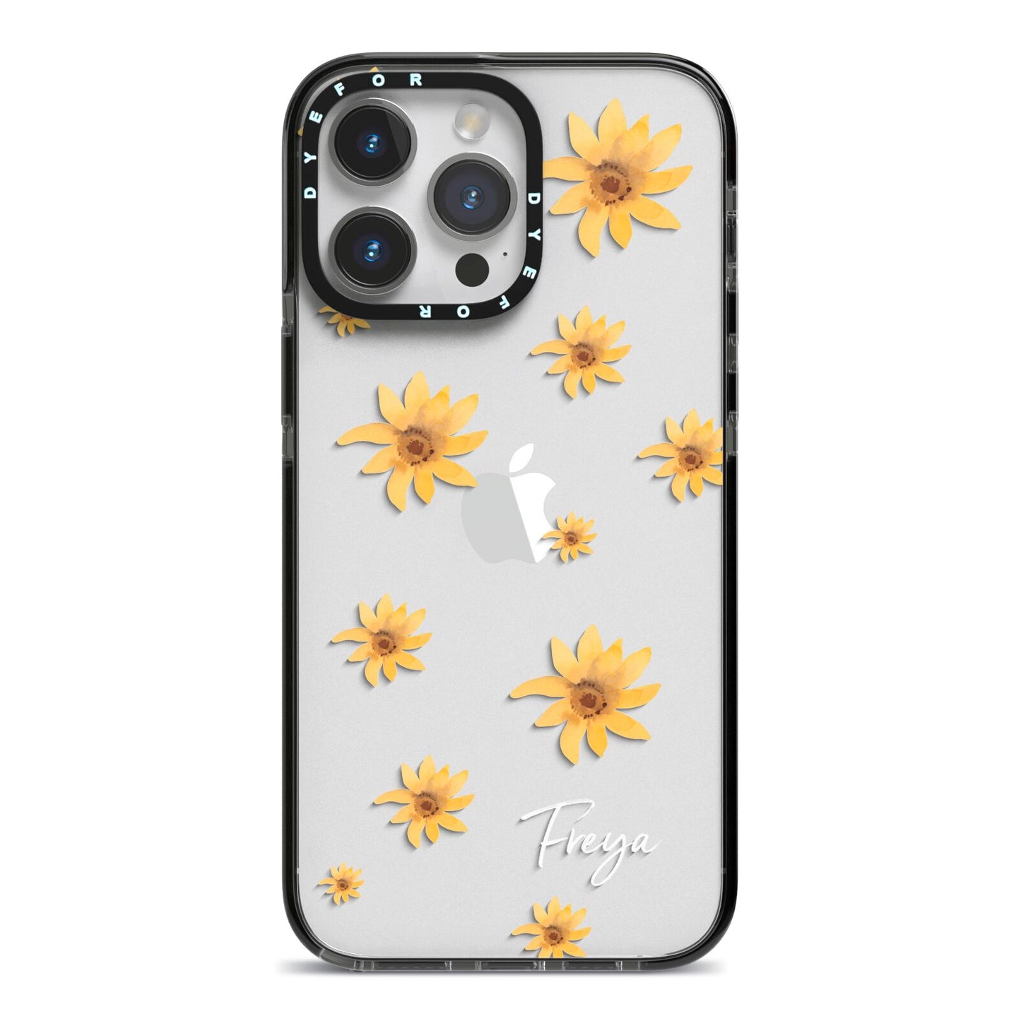 Personalised Yellow Lily iPhone 14 Pro Max Black Impact Case on Silver phone