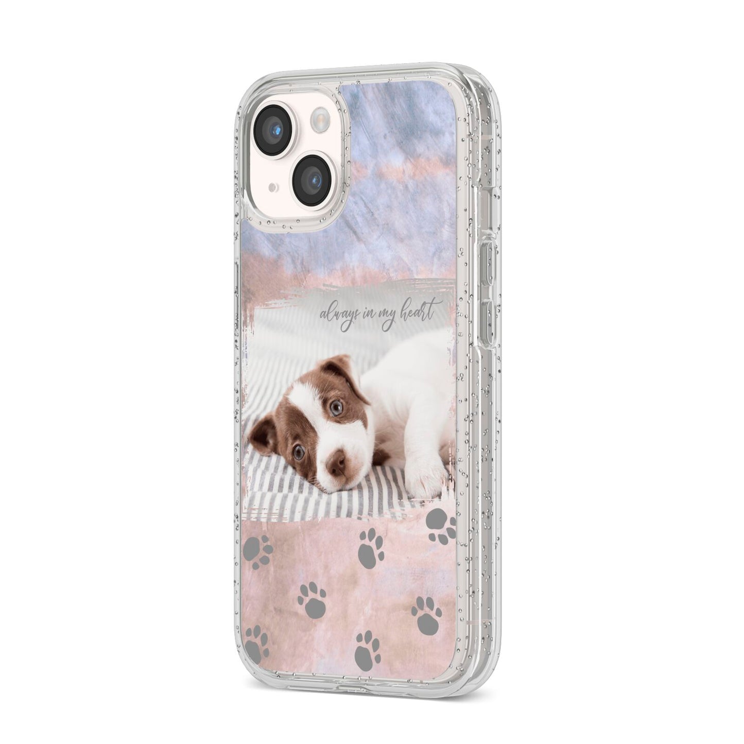 Pet Photo Personalised iPhone 14 Glitter Tough Case Starlight Angled Image